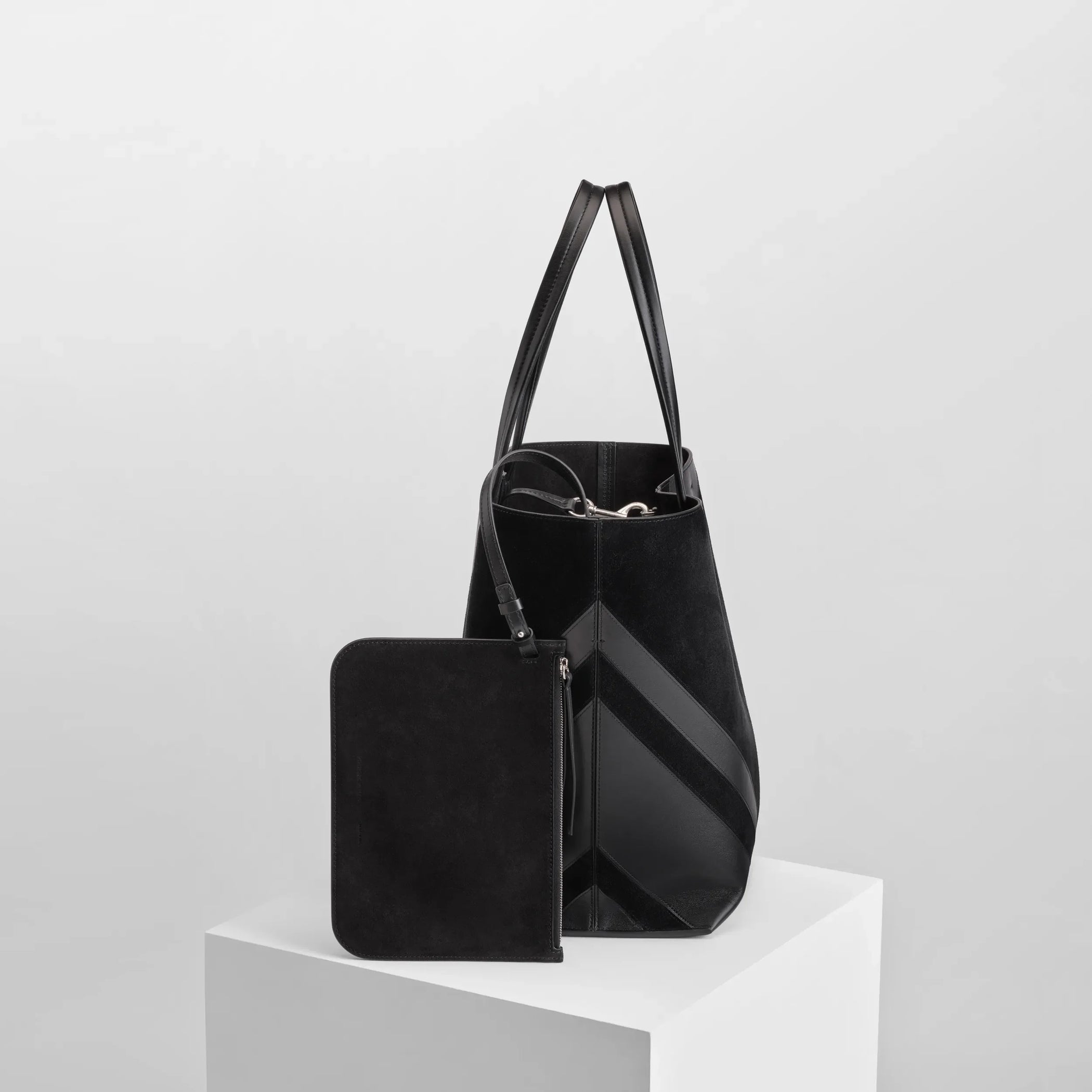 Close up detail view of pot cabas in black suede leather