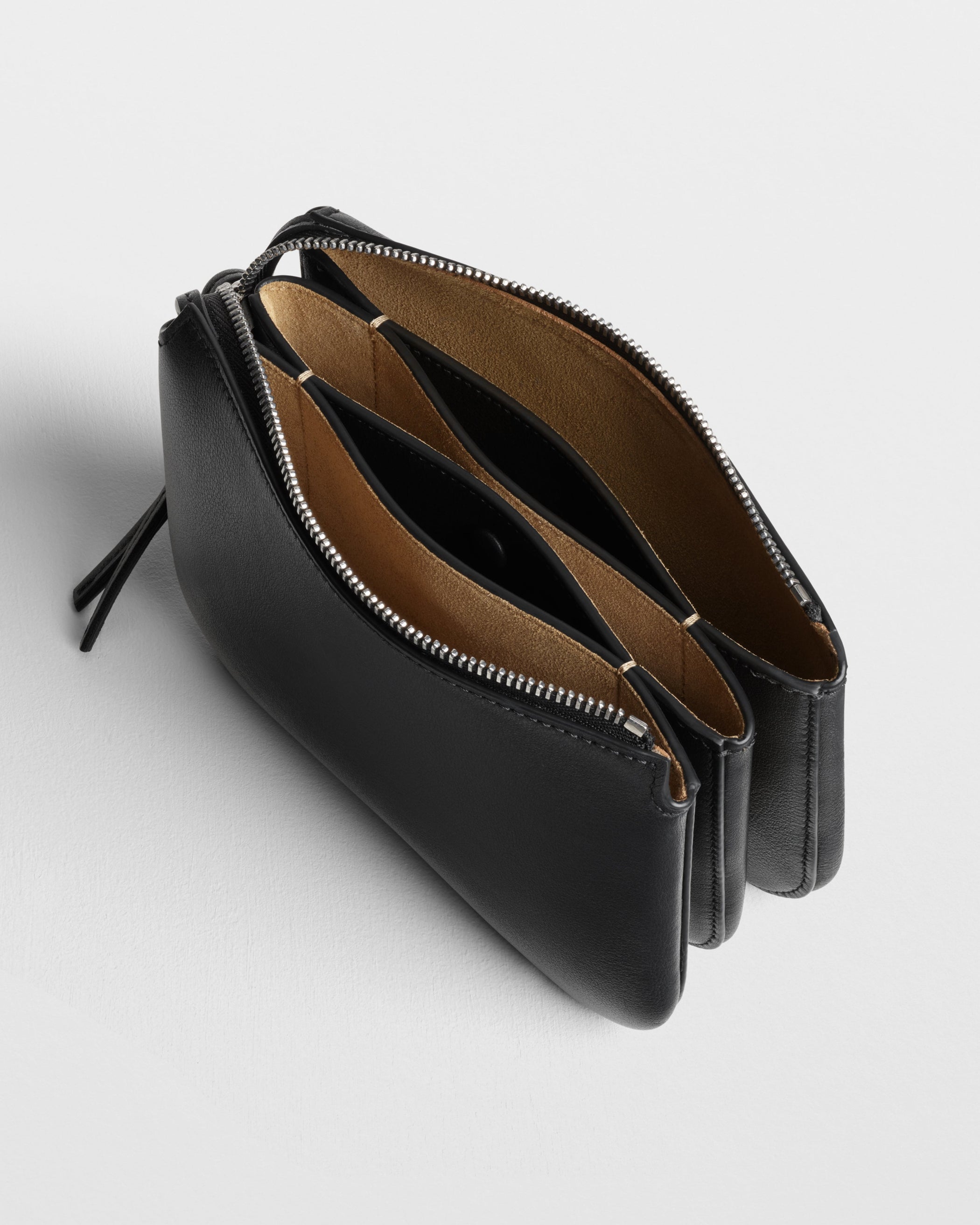 Close up detail view of POCKET GIG in black leather