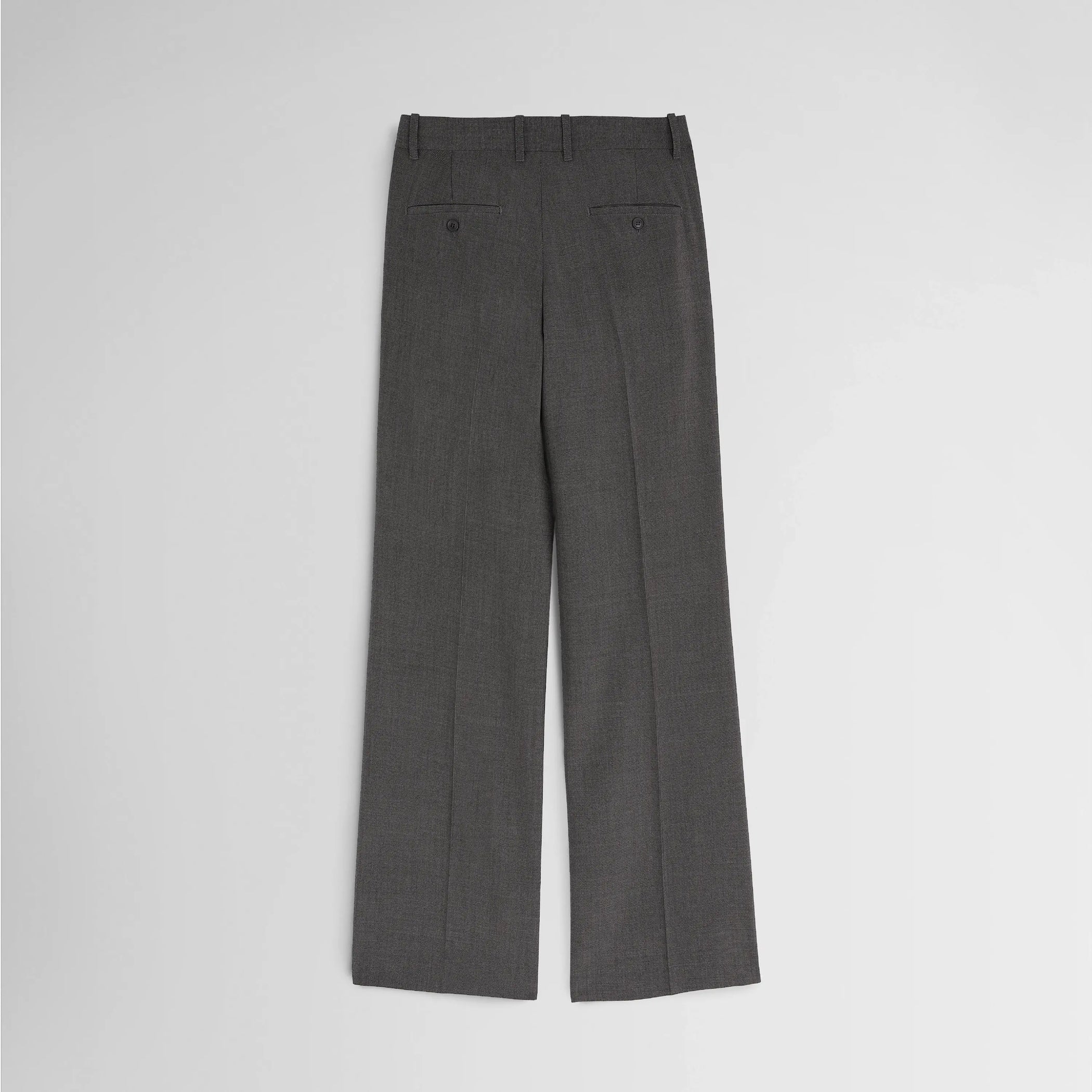 Flat back view of boyish tailored trousers in dark taupe wool
