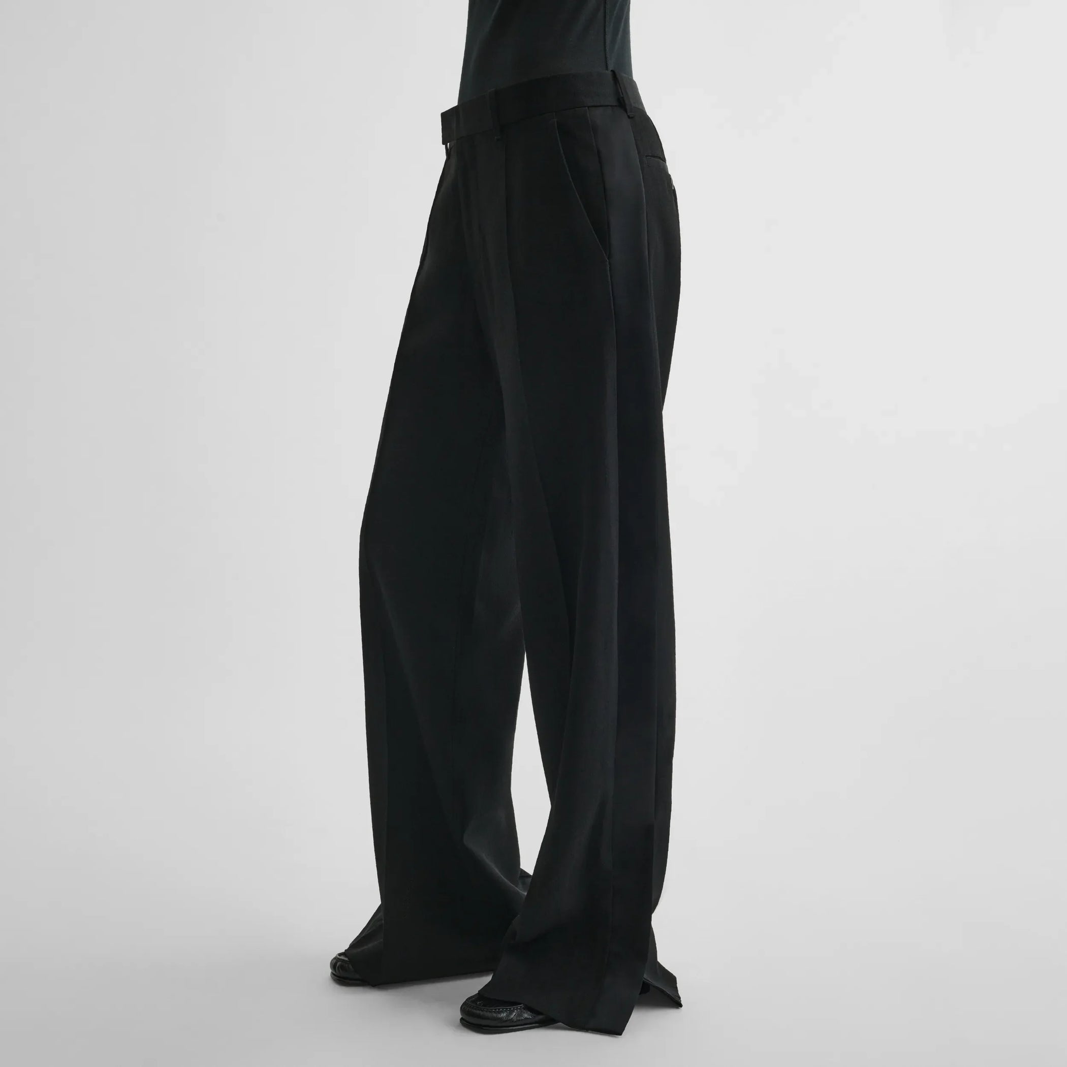 Side view of tux trousers in black viscose