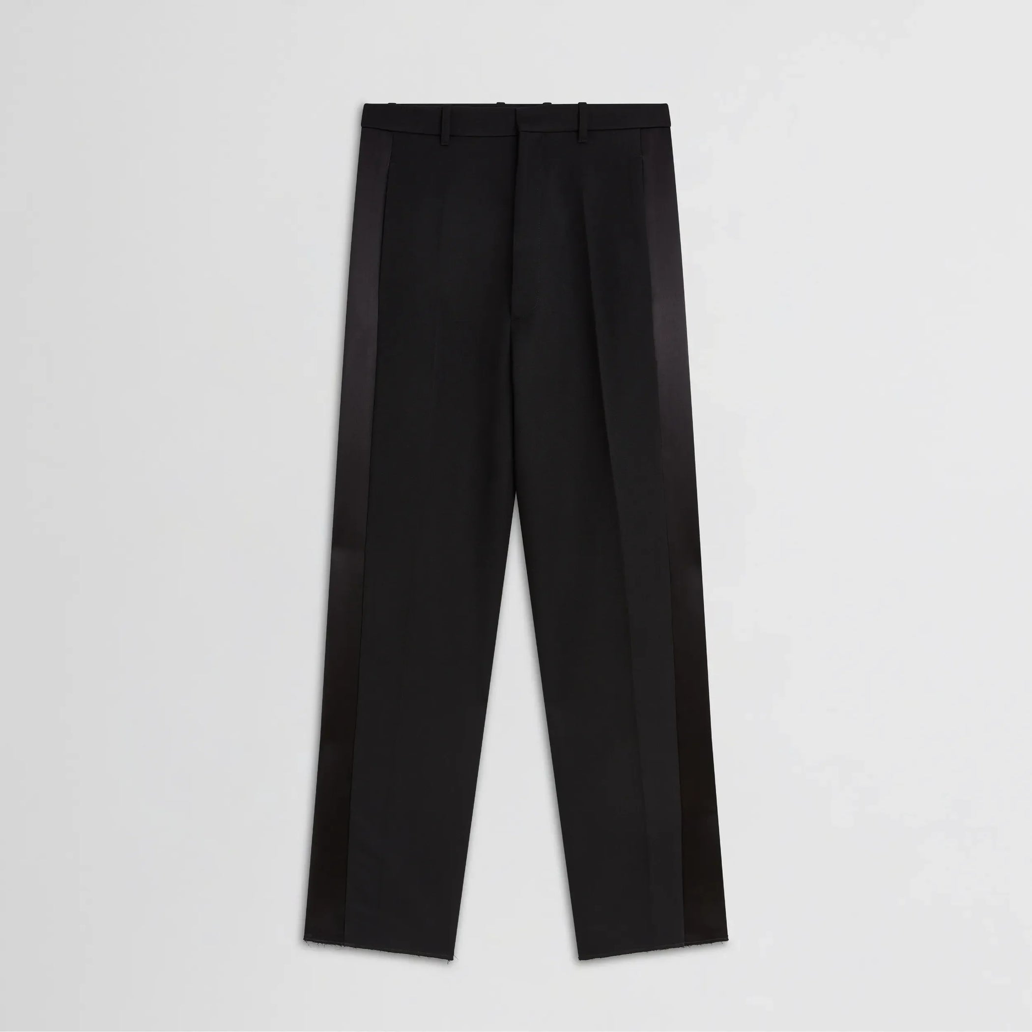 Flat front view of tux trousers in black viscose