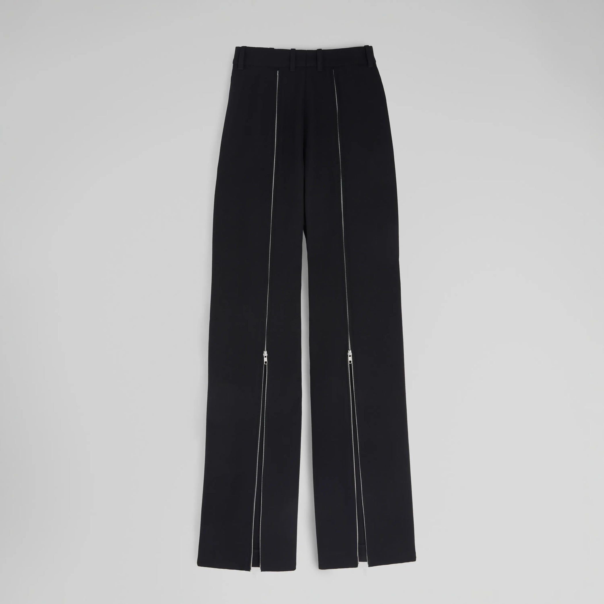Side view of zip trousers in black wool
