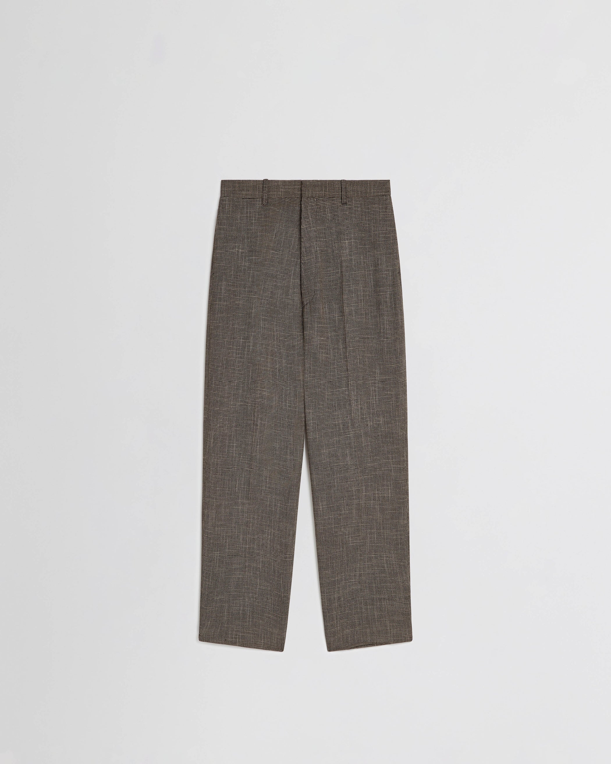 Flat front view of DROP TROUSERS in salt and pepper melange woven viscose