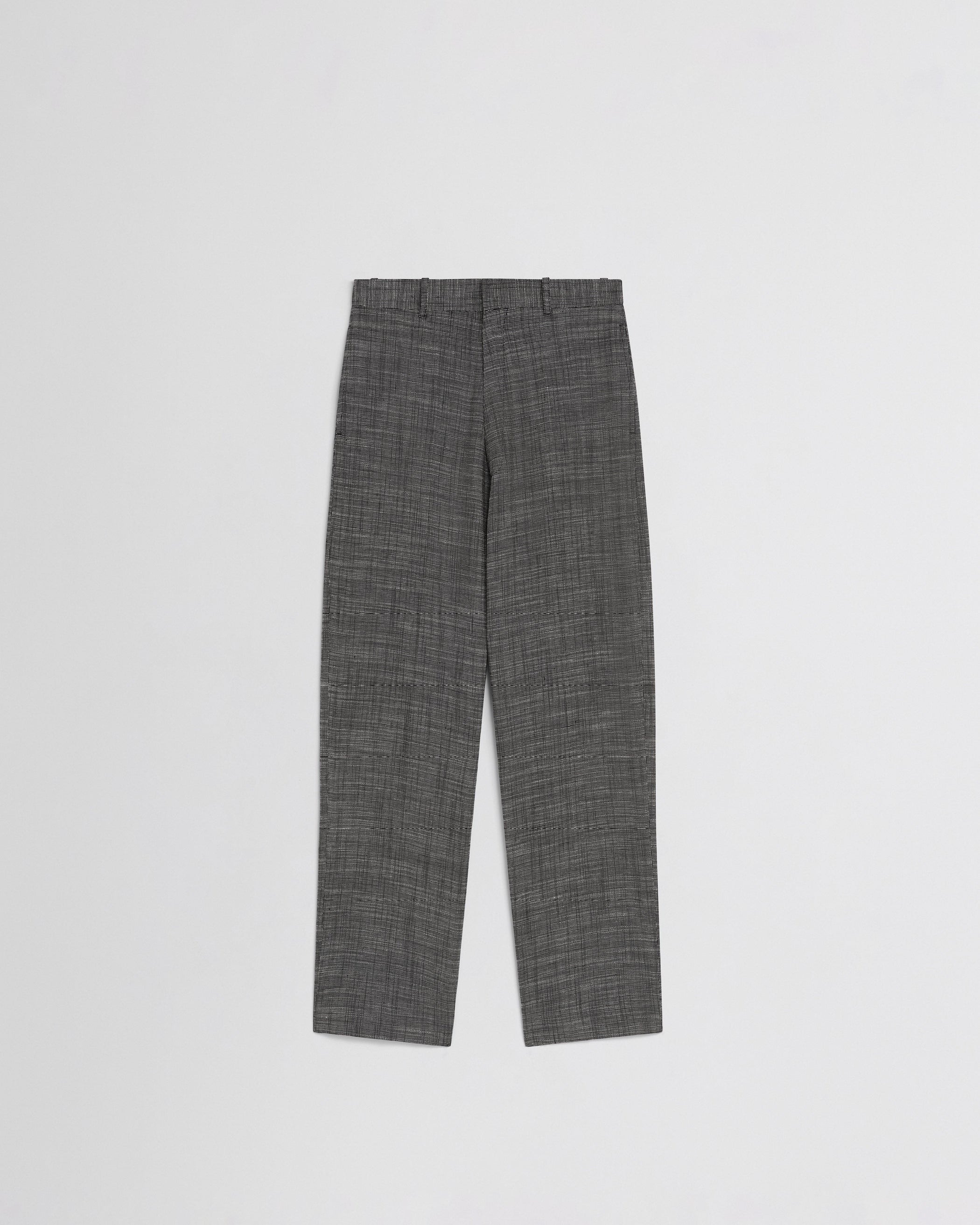 Flat front view of DROP TROUSERS in blue grey melange woven viscose
