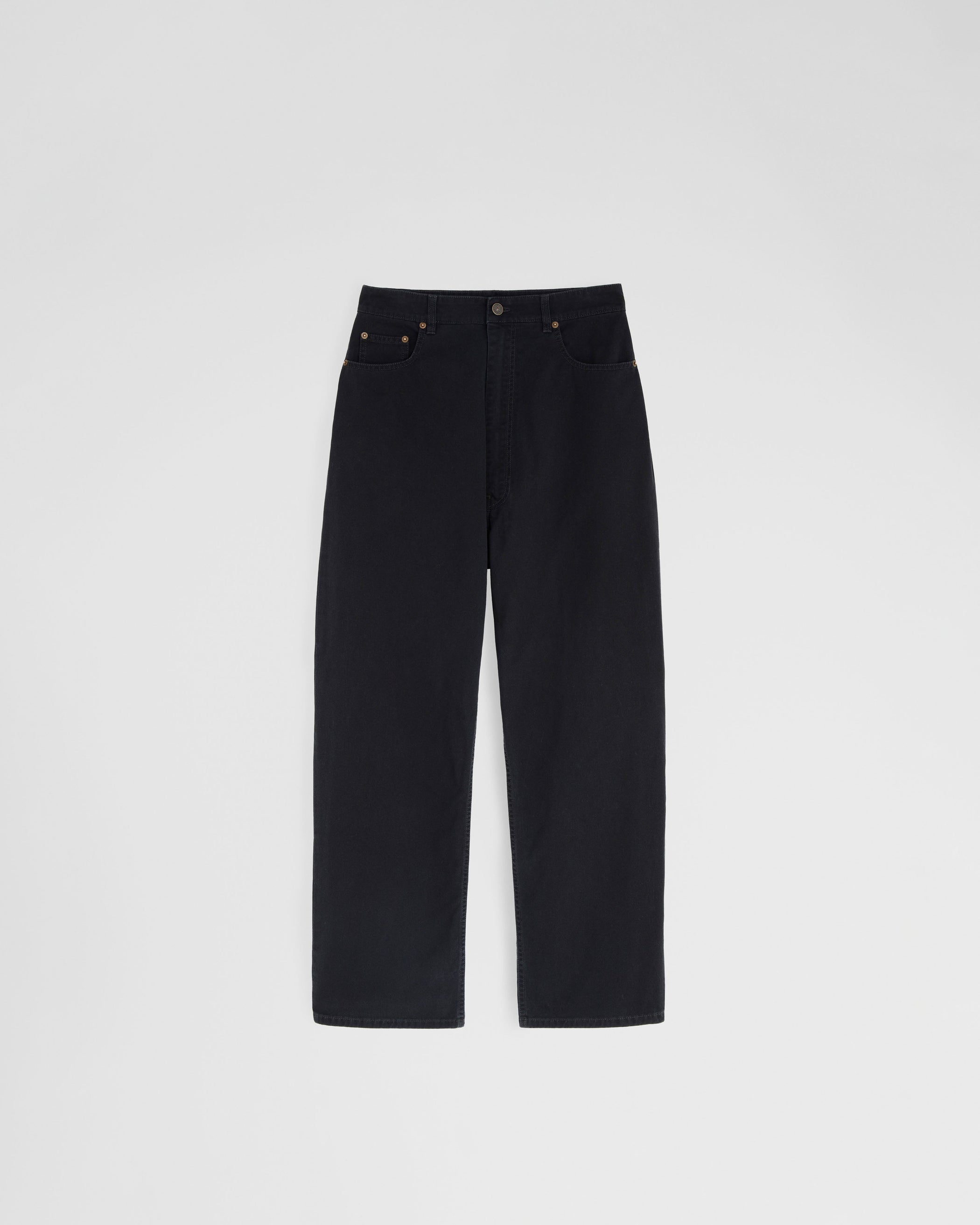 Flat front view of DROP JEANS in black cotton