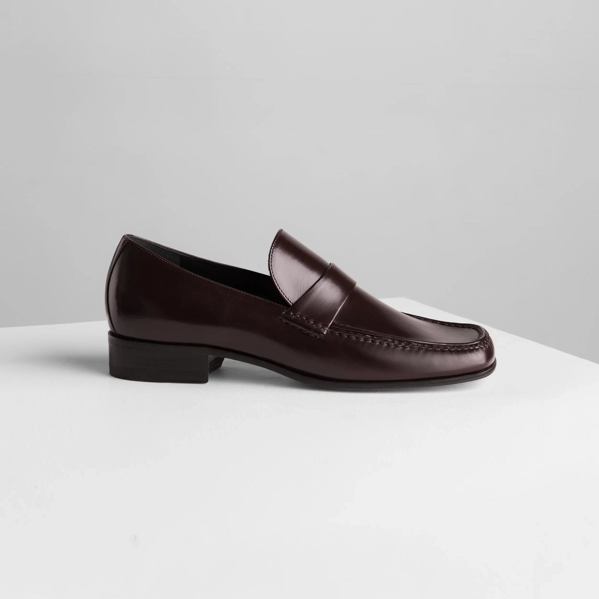 Side view of man&#39;s loafer in oxblood leather