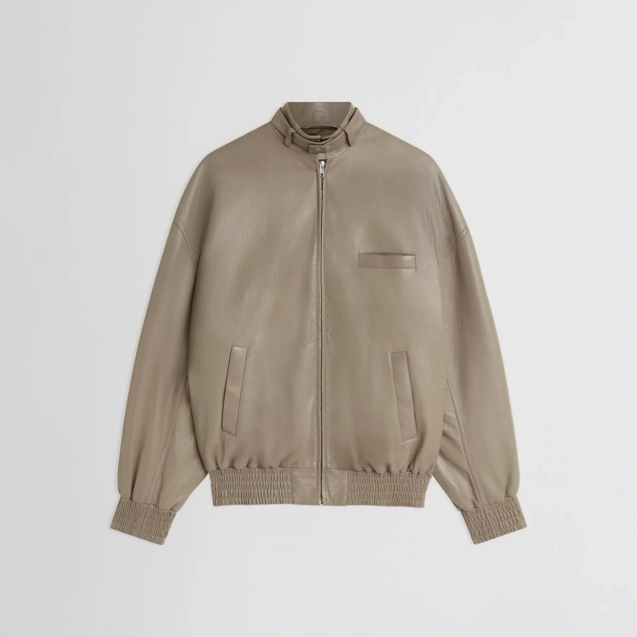 Flat front view of jacket with attachable scarf in mastic leather