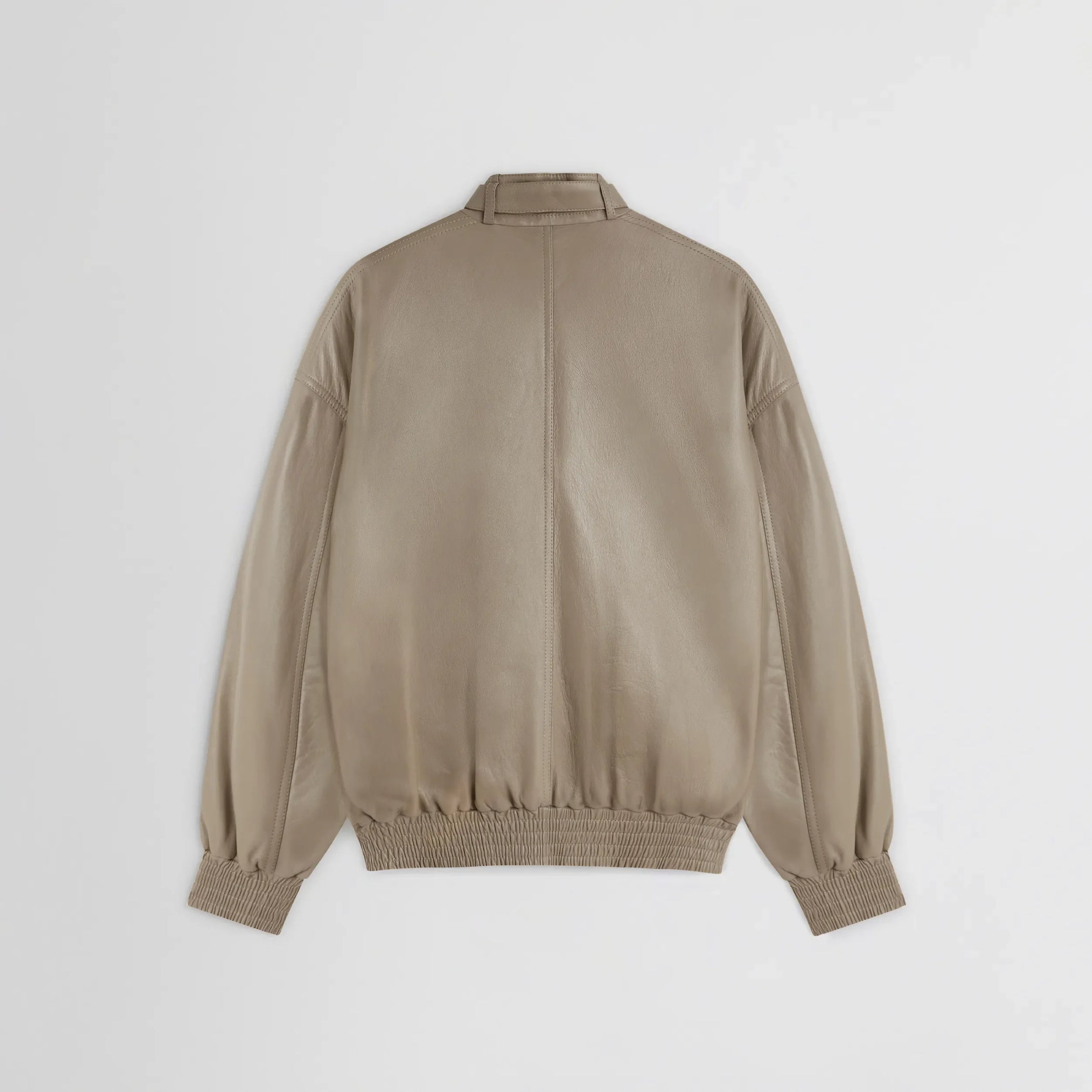 Flat back view of jacket with attachable scarf in mastic leather