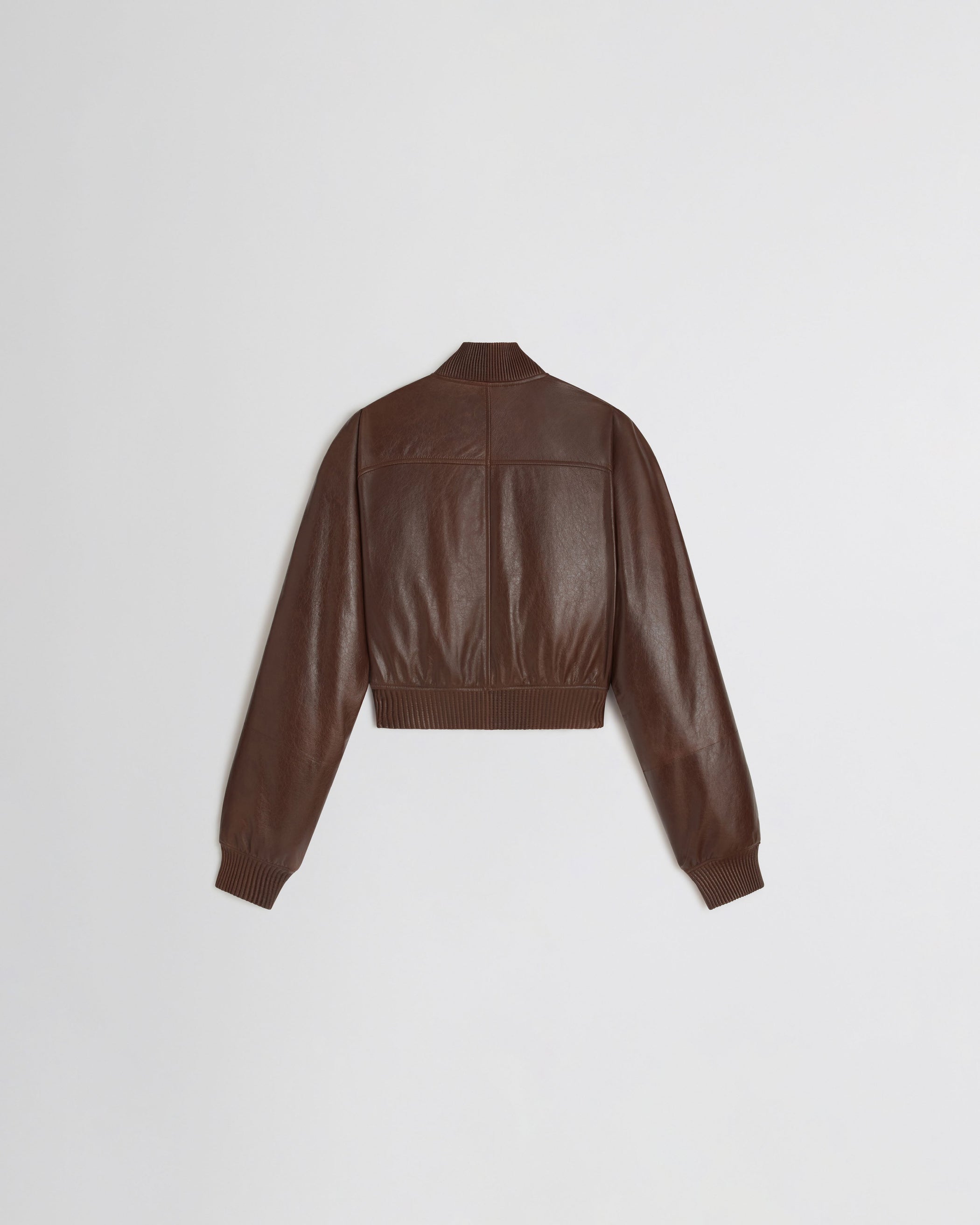 Flat back view of SHRUNK BOMBER in tobacco leather