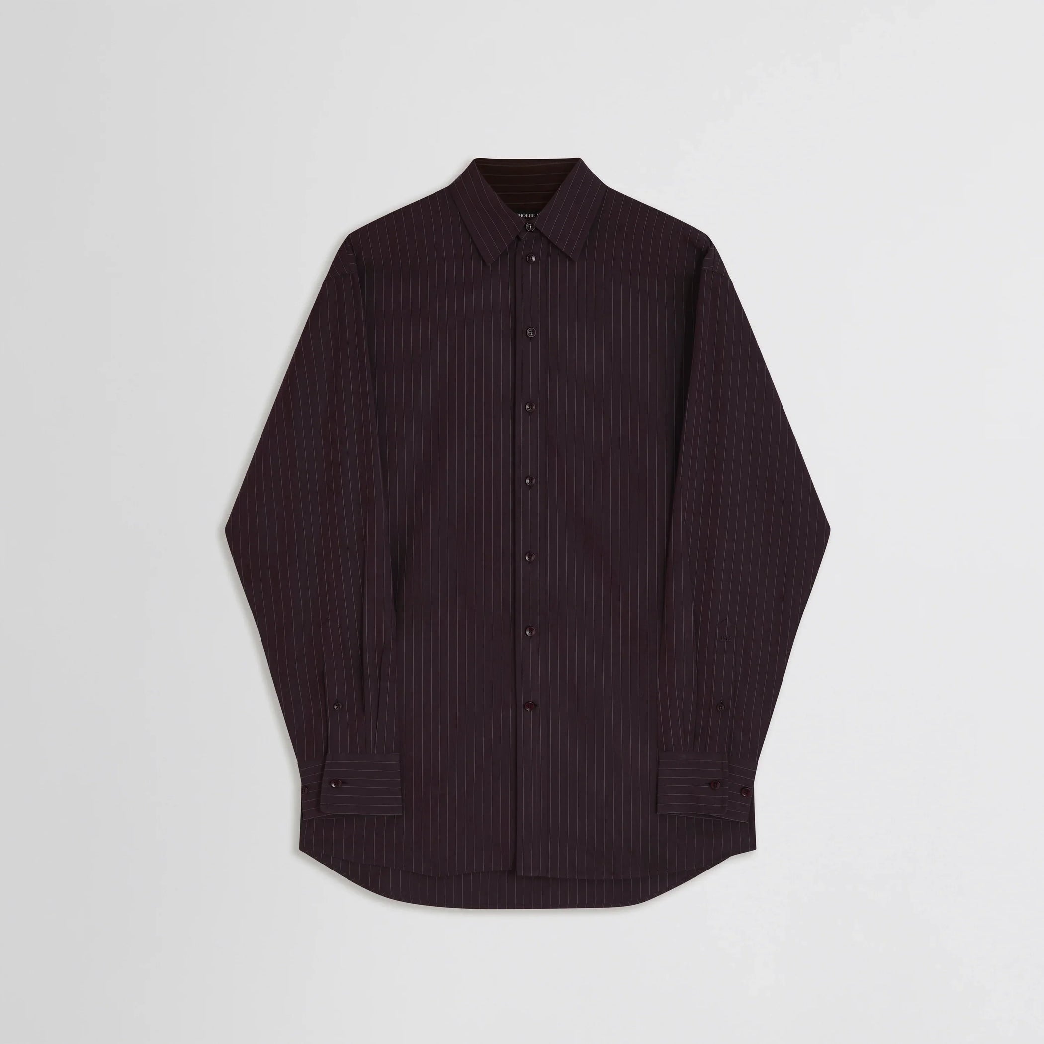 Flat front view of sharp collar shirt in black cherry pinstripe cotton