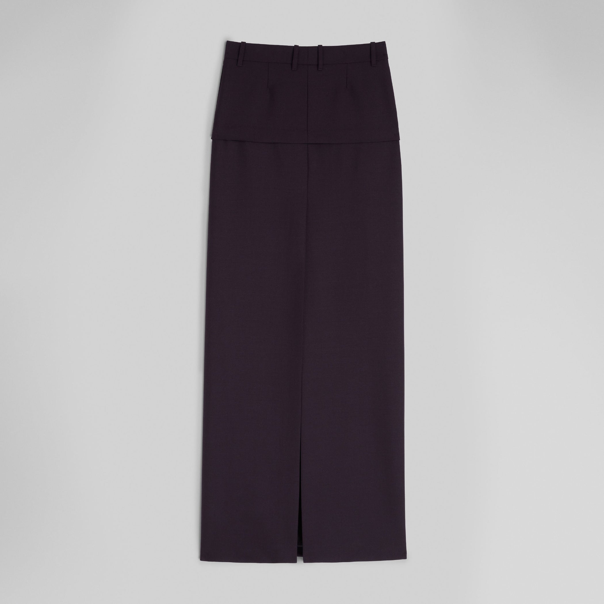 Flat back view of HIGH SLIT TAILORED COLUMN SKIRT in berry wool