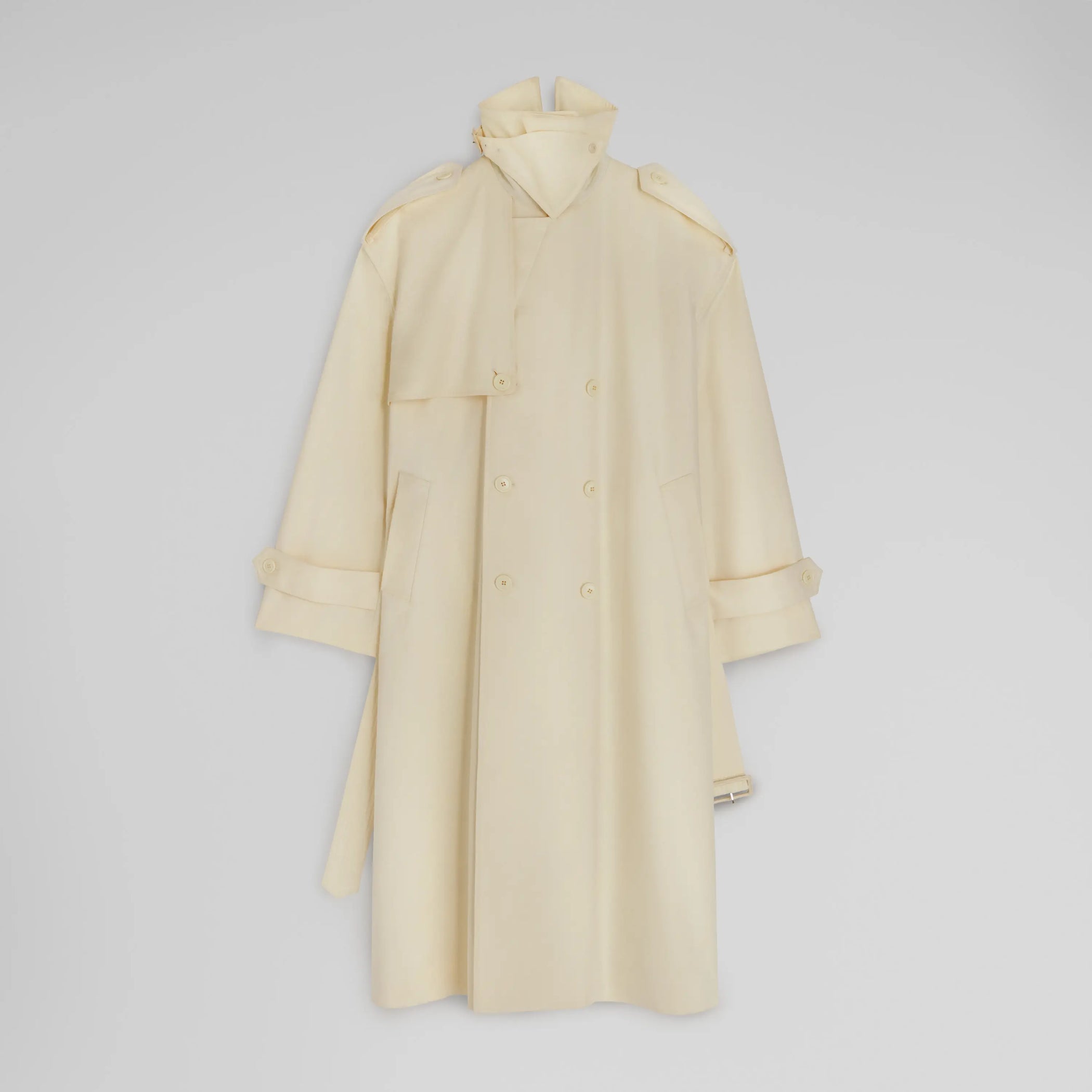 Flat front view of TRENCH COAT WITH ATTACHABLE SCARF in cream technical polyester