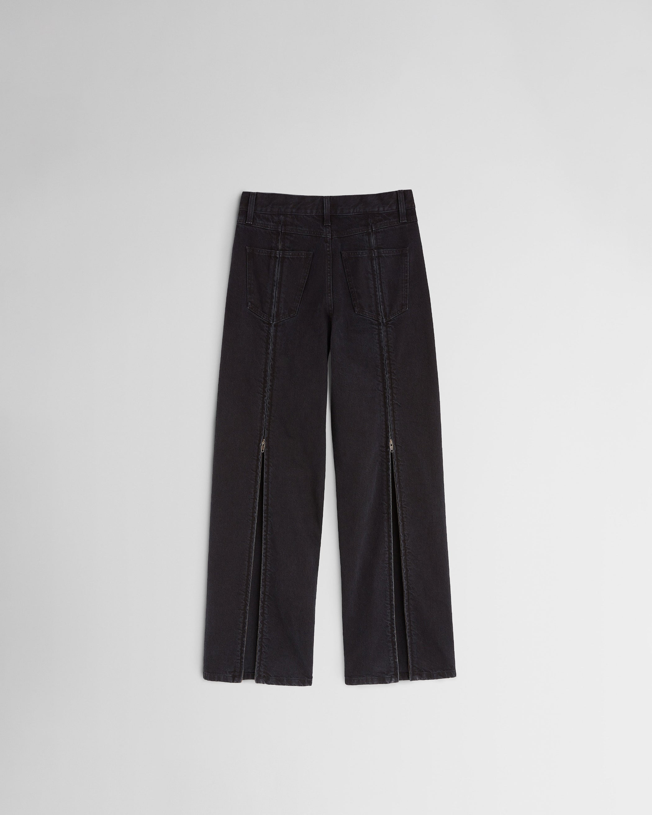 Flat back view of ZIP JEANS in black cotton