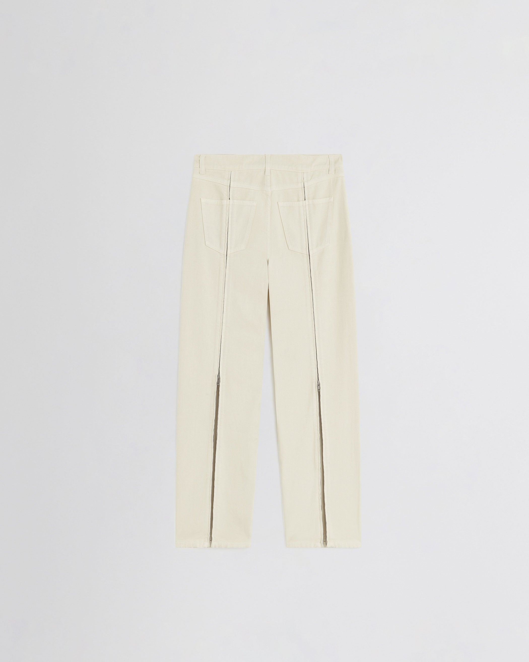 Flat back view of ZIP JEANS in pistachio cotton