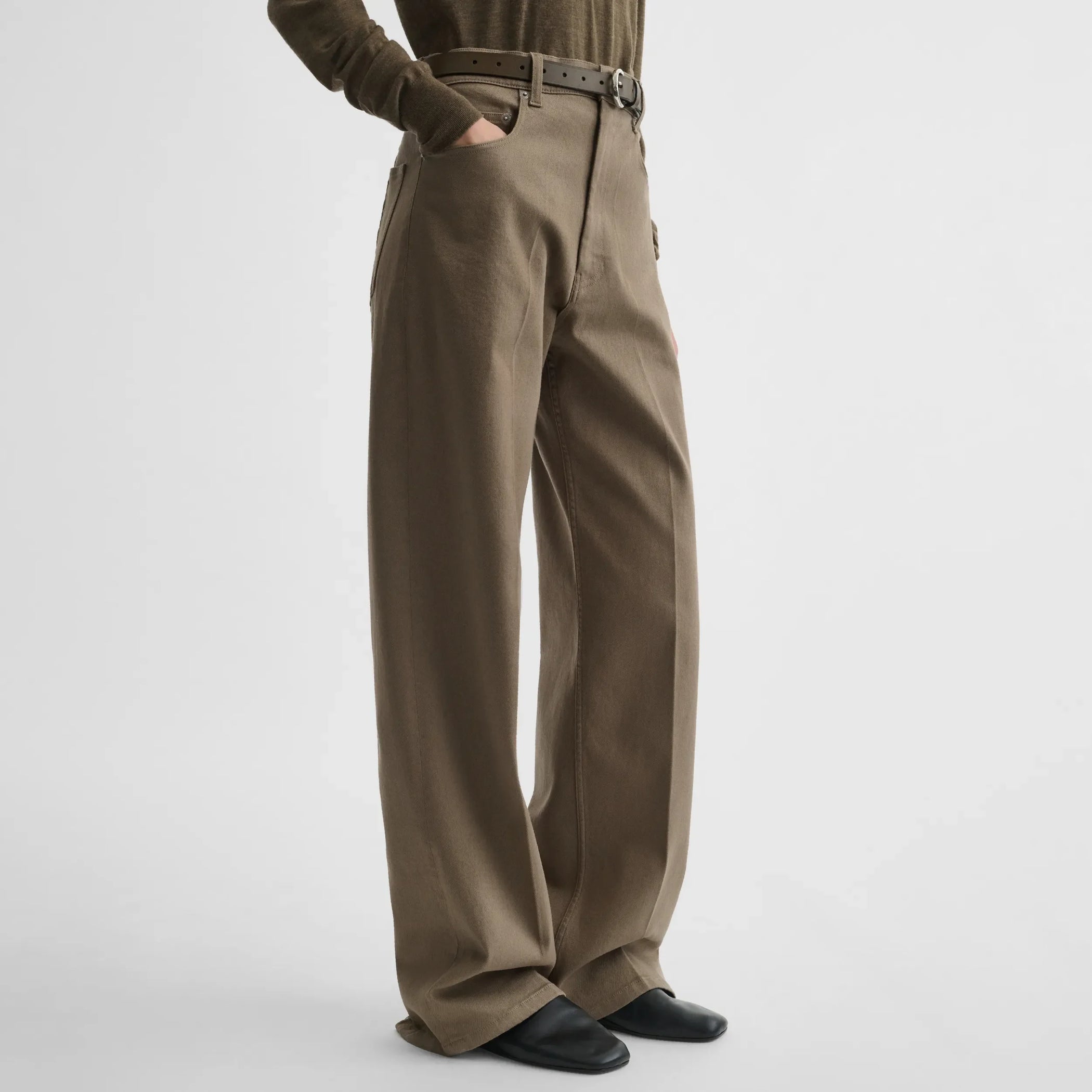 Side view of zip jeans in warm khaki cotton
