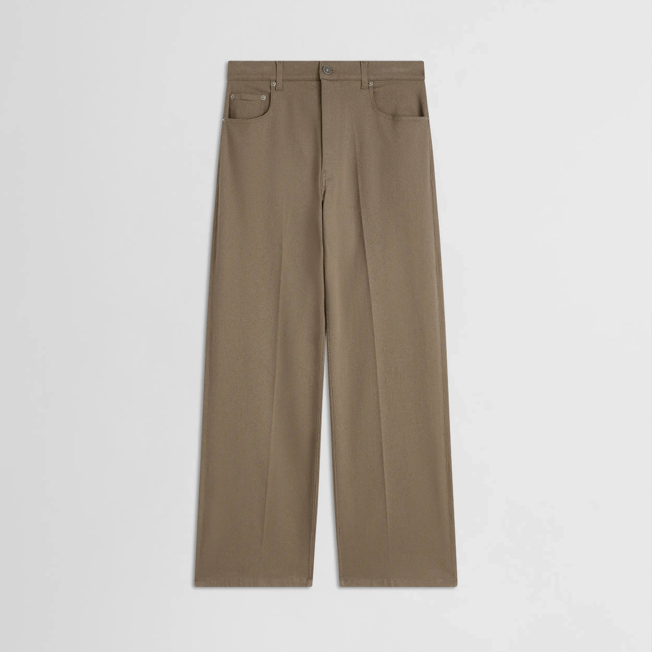 Flat front view of zip jeans in warm khaki cotton