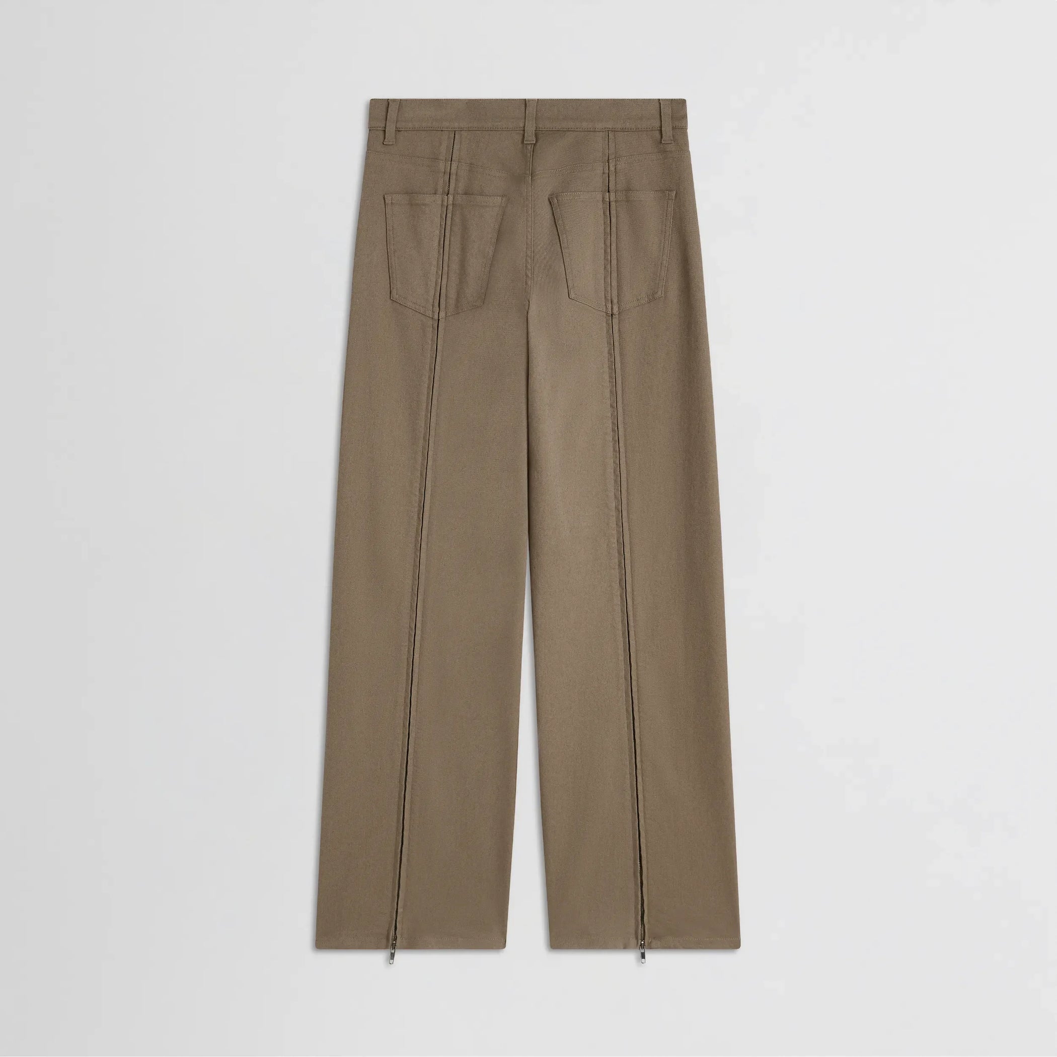 Flat back view of zip jeans in warm khaki cotton