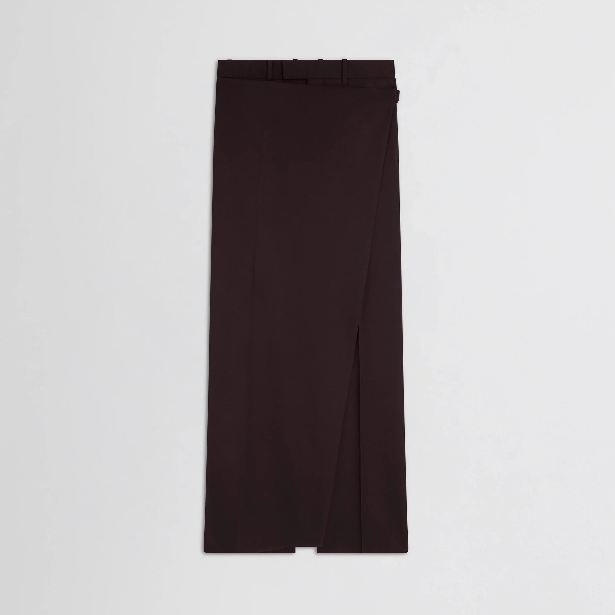 Flat front view of apron trousers in chocolate wool.