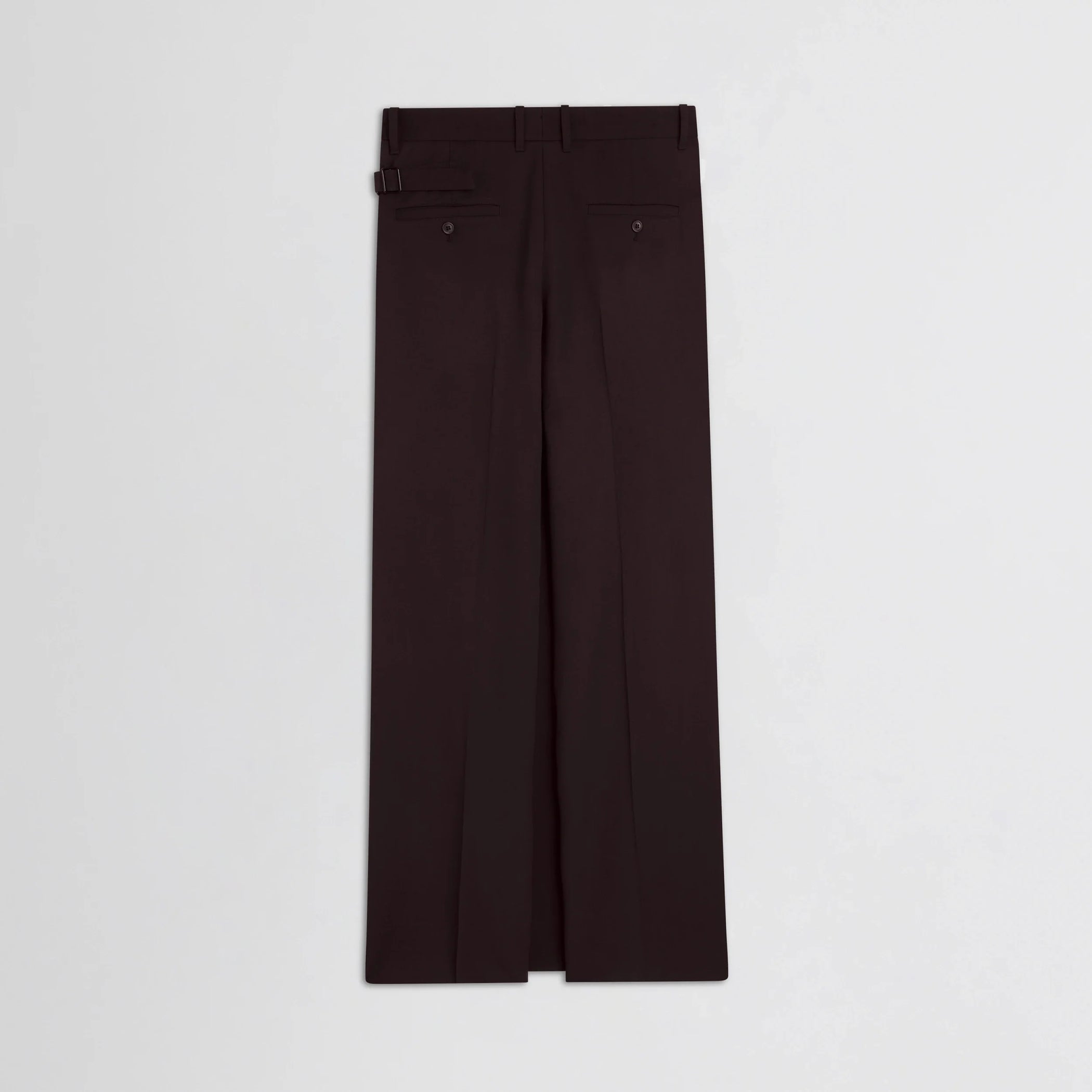 Flat back view of apron trousers in chocolate wool.