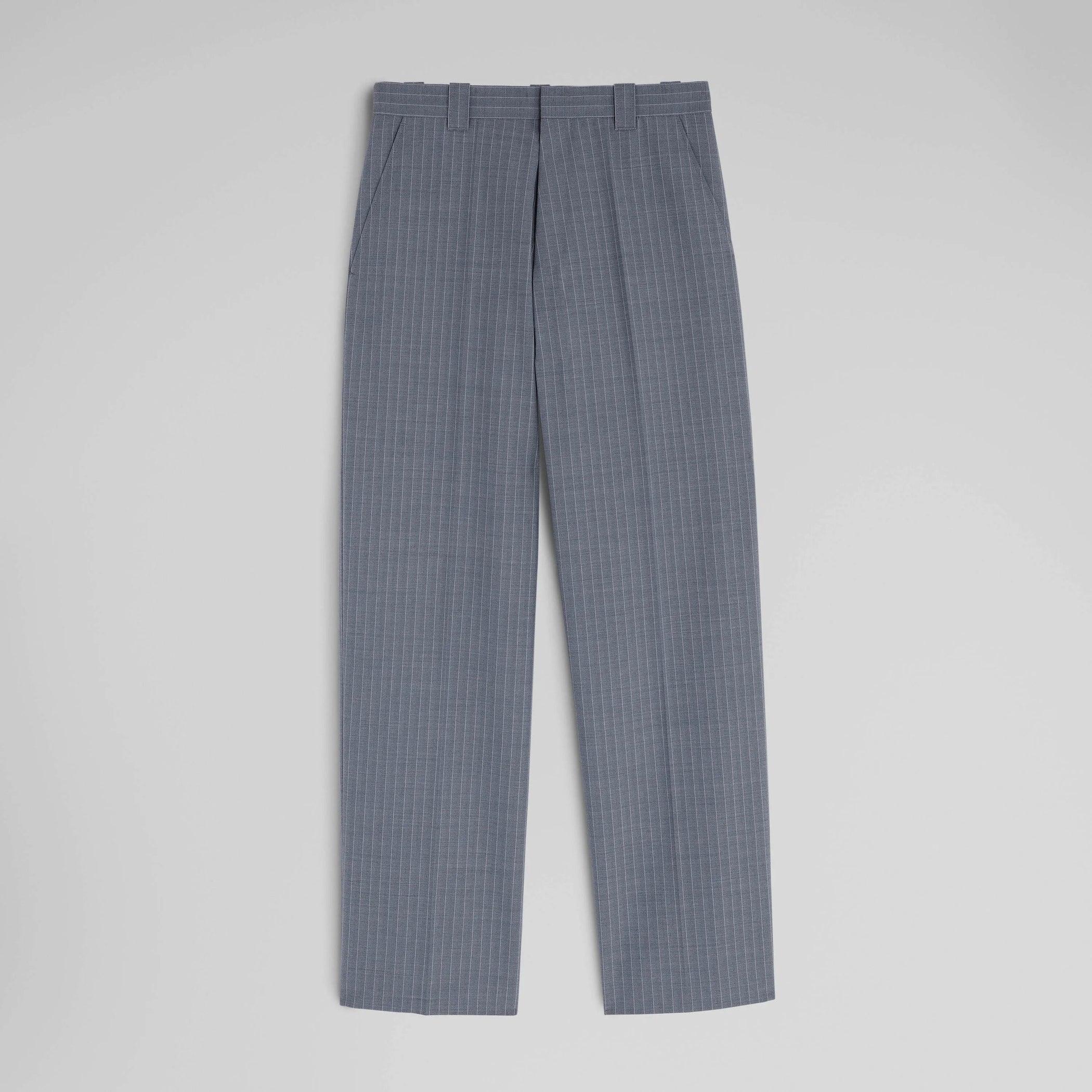 Flat front view of OVERSIZED TROUSERS in steel grey pinstripe wool