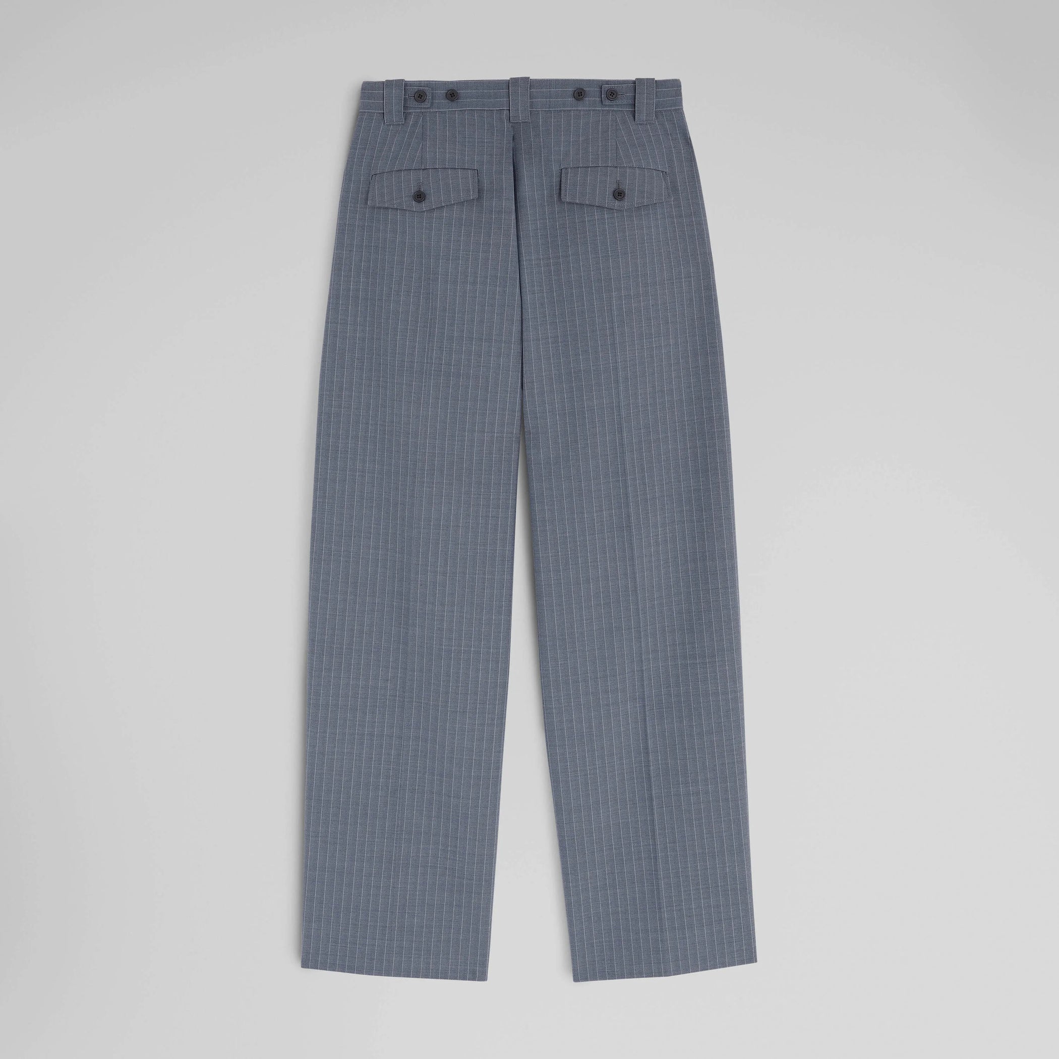 Flat back view of OVERSIZED TROUSERS in steel grey pinstripe wool