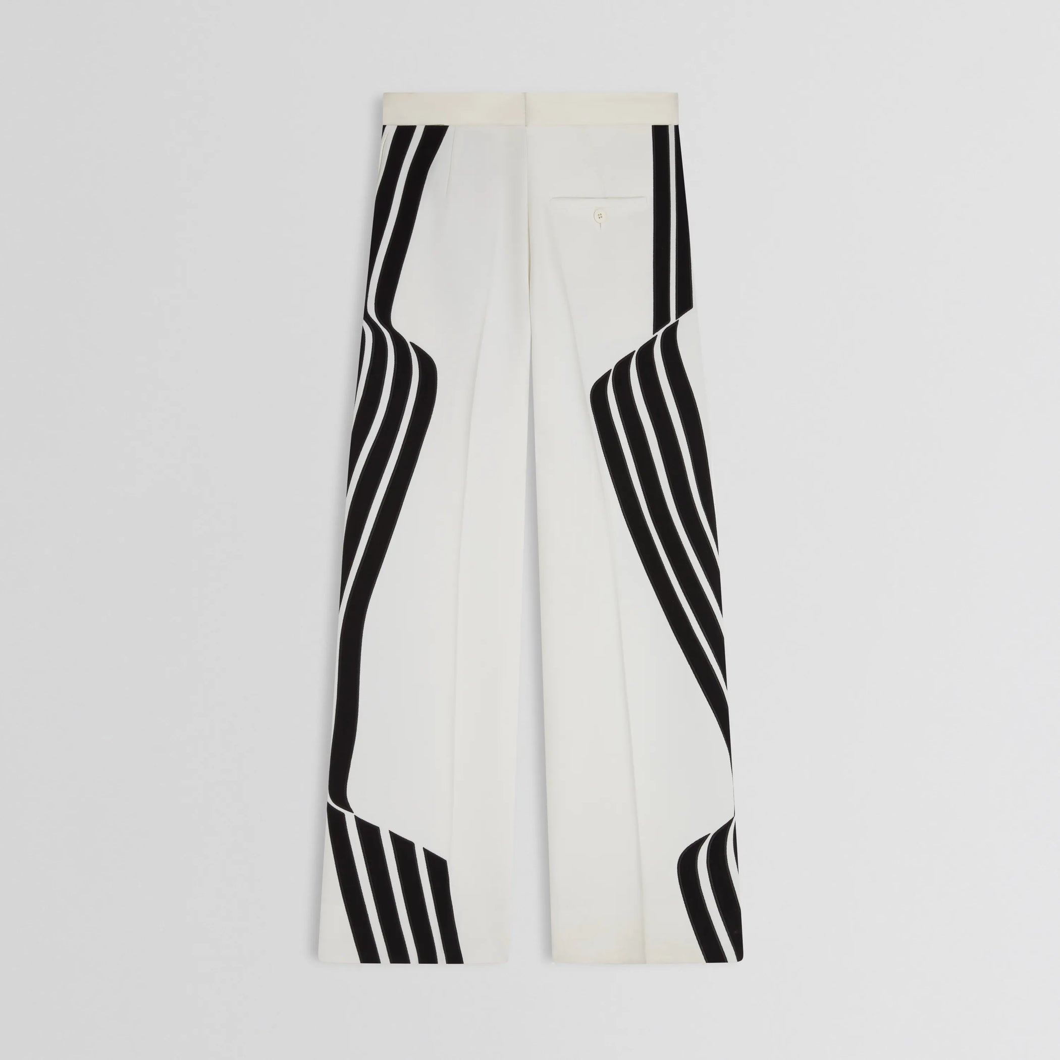 Flat back view of wave trousers in black and white technical tailoring