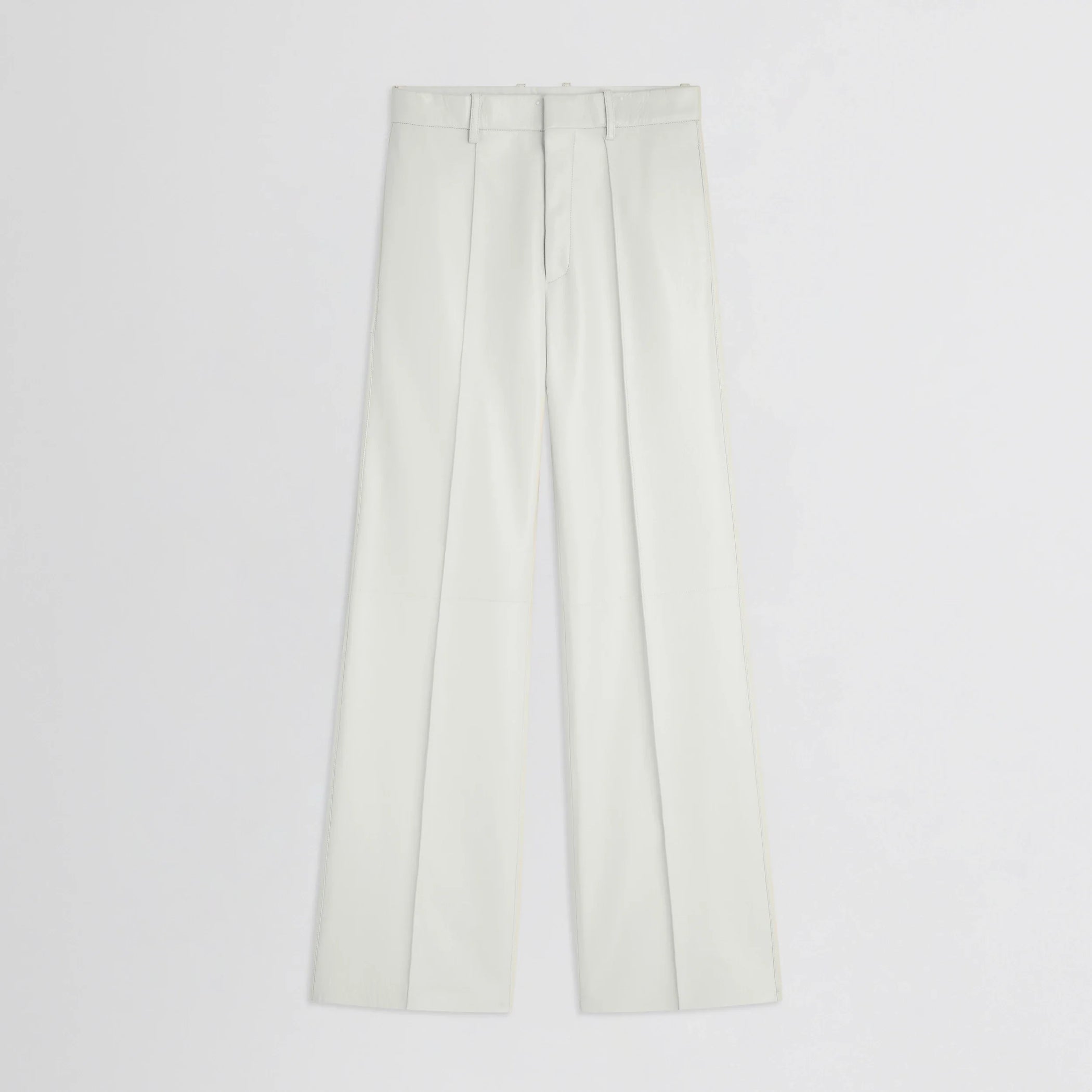 Flat front view of boyish trousers in white leather.
