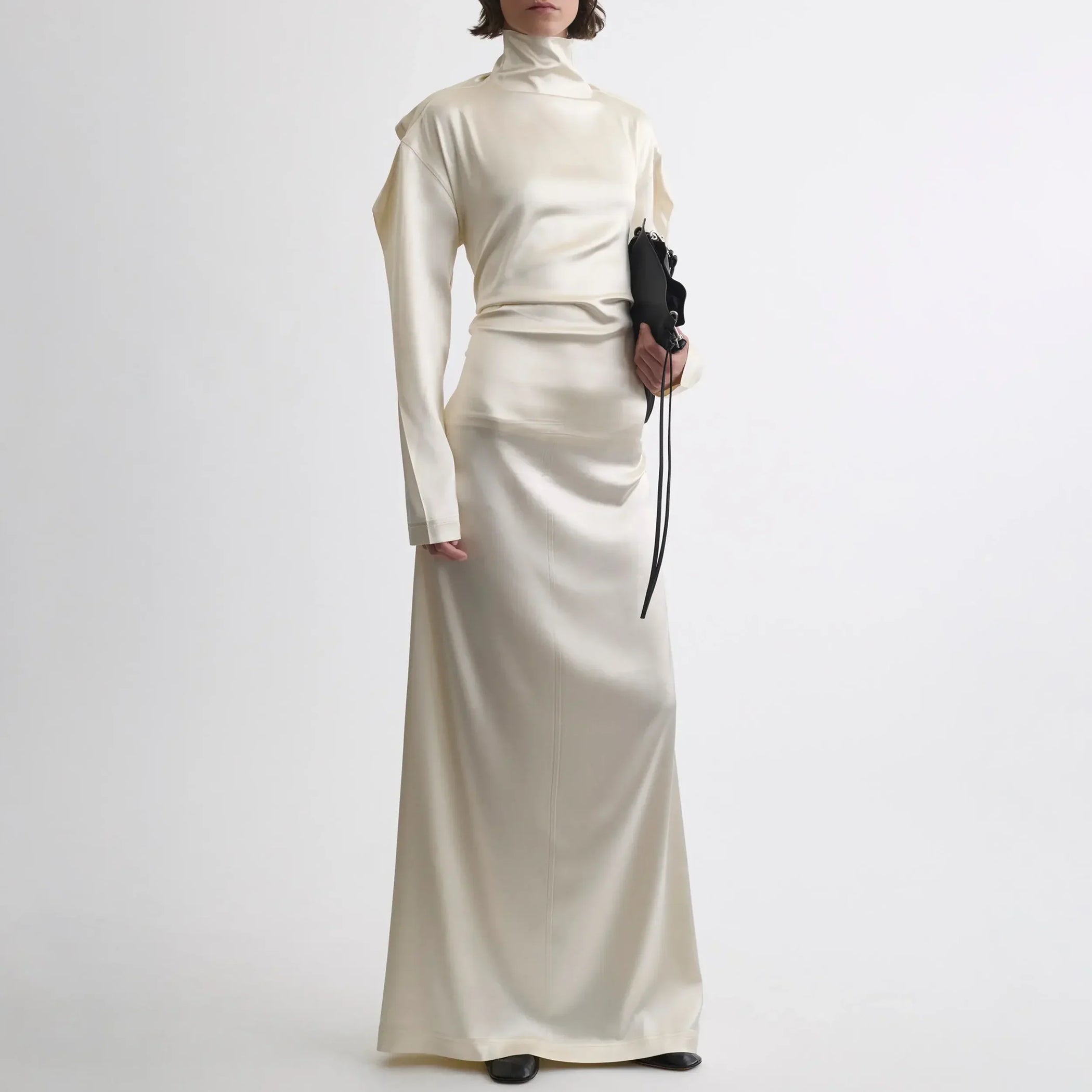 Font view of model wearing LIQUID OPEN BACK DRESS in cream silk satin