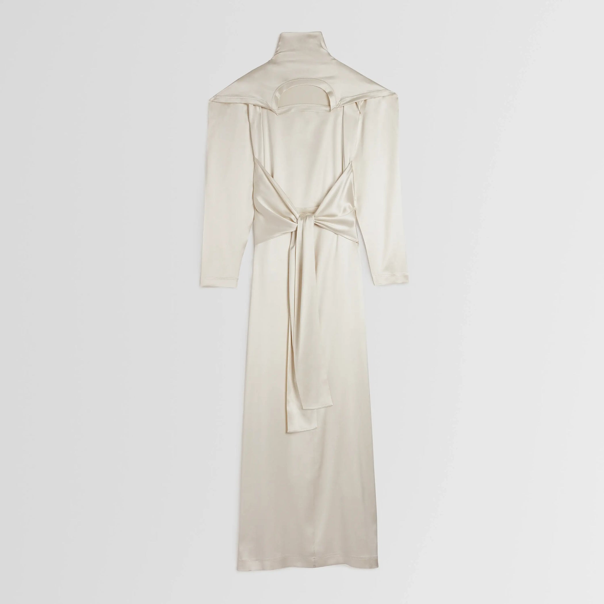 Flat back view of LIQUID OPEN BACK DRESS in cream silk satin