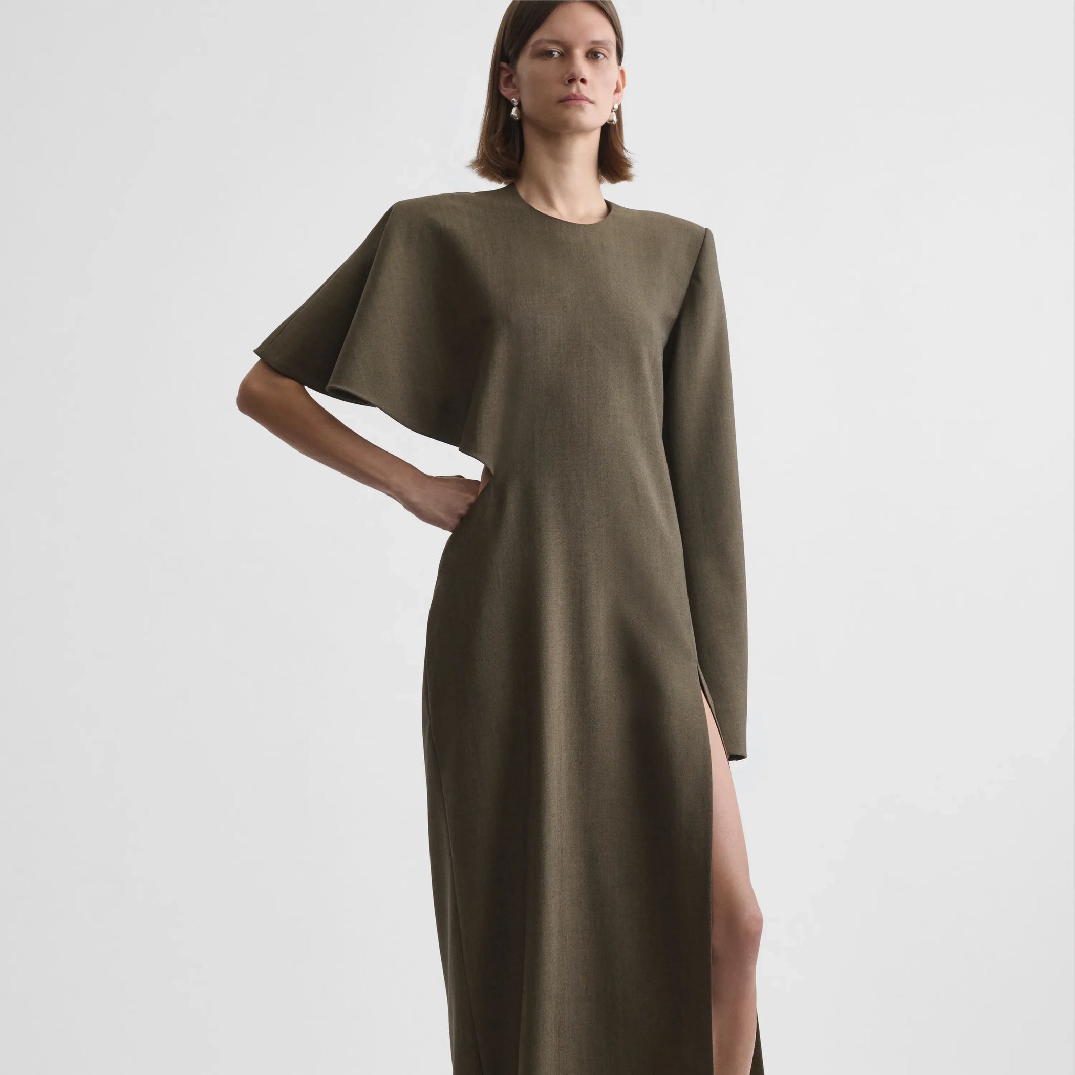 SLICED DRESS | tobacco melange wool tailoring