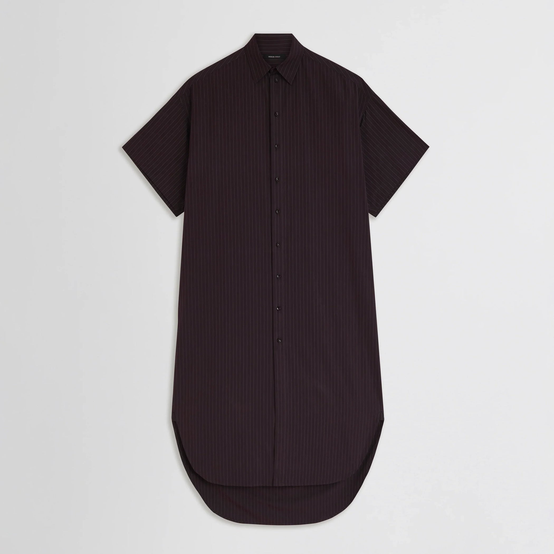 Flat front view of long shirt dress in black cherry cotton