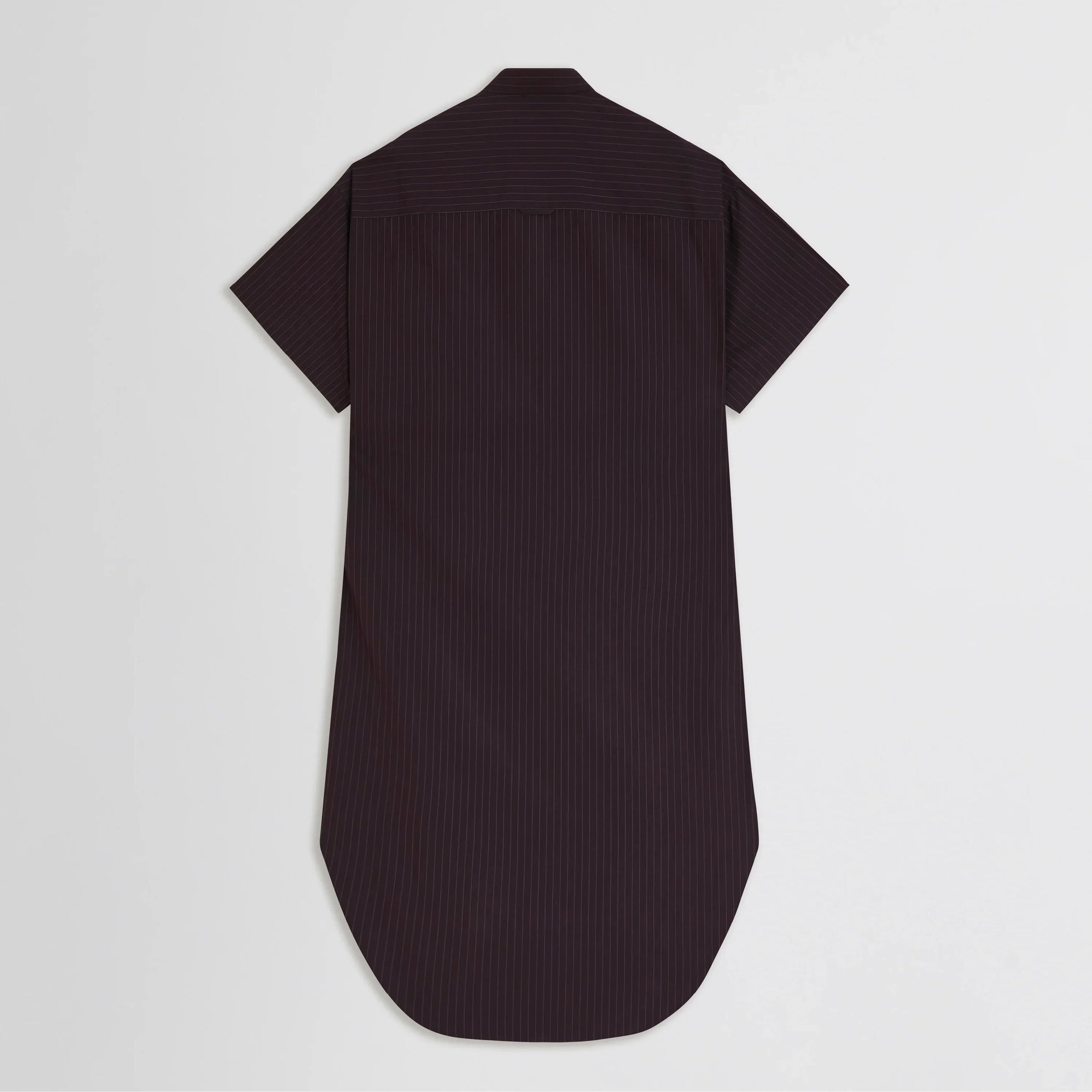 Flat back view of long shirt dress in black cherry cotton