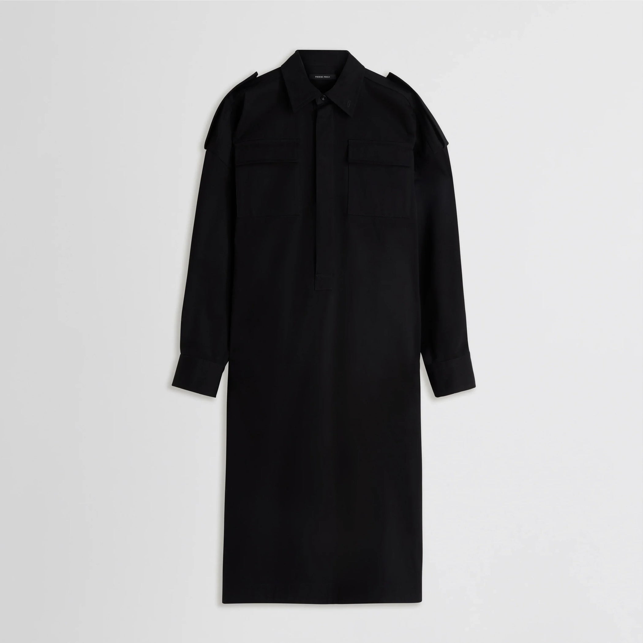 Flat front view of utility shirt dress in black cotton