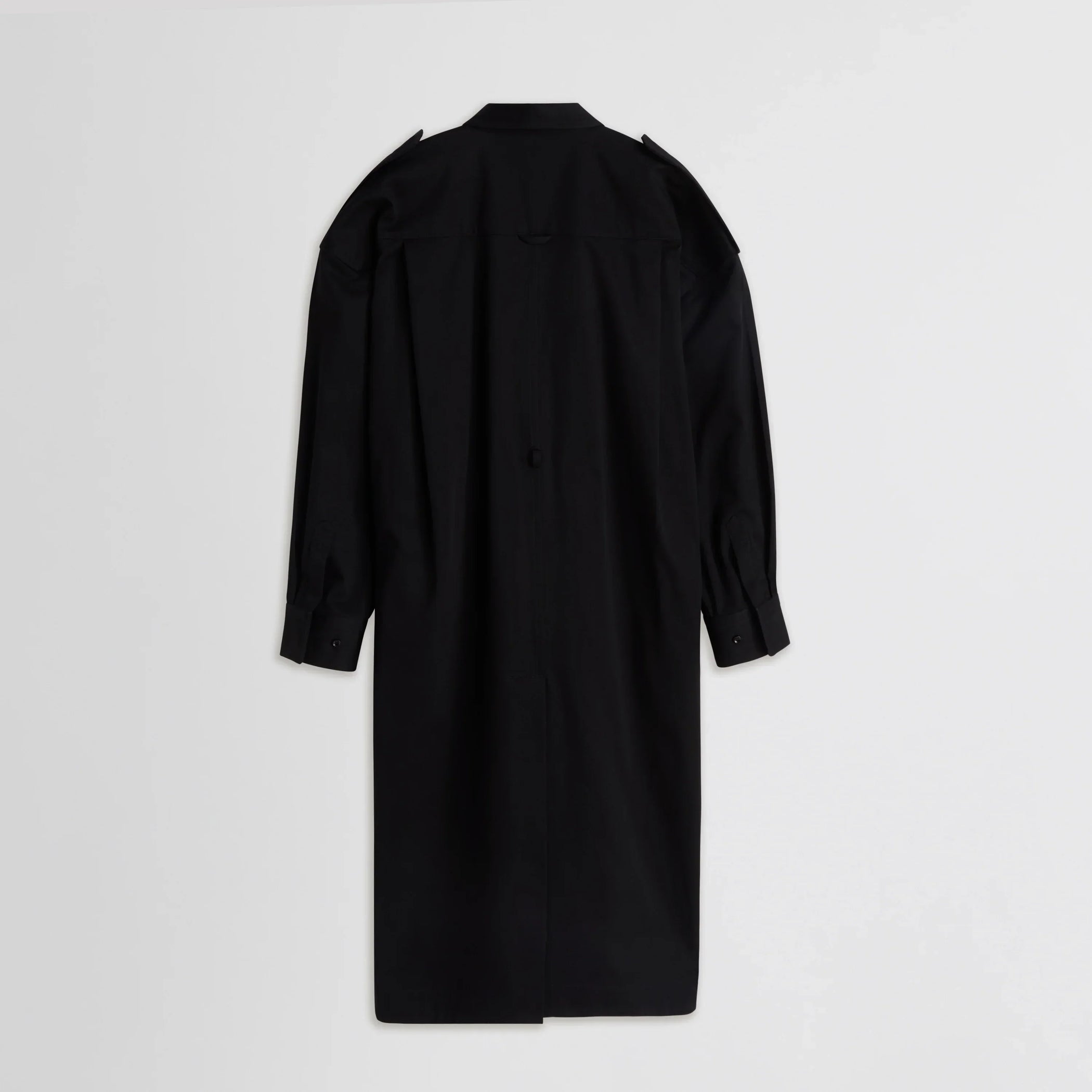 Flat back view of utility shirt dress in black cotton