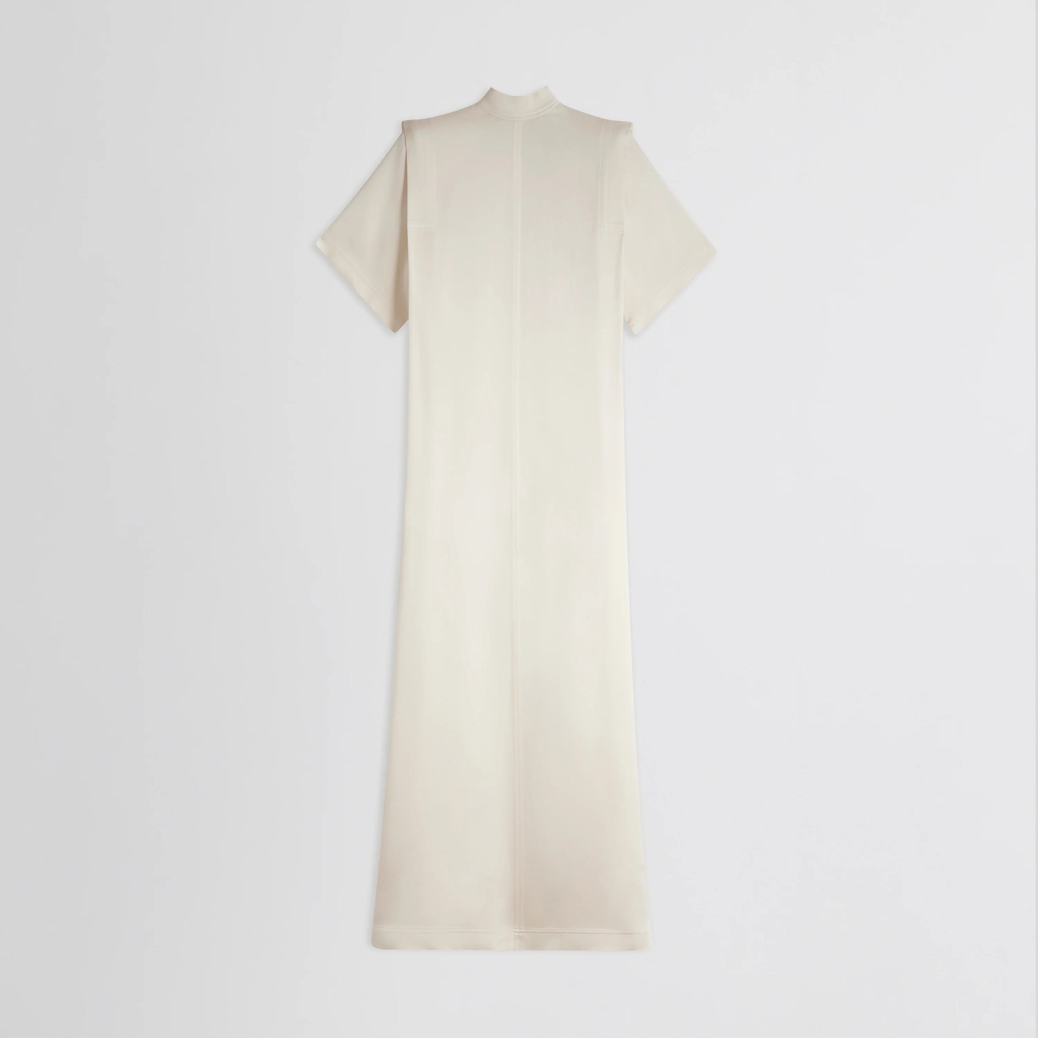 Flat front view of folded shoulder dress in vanilla satin back crepe