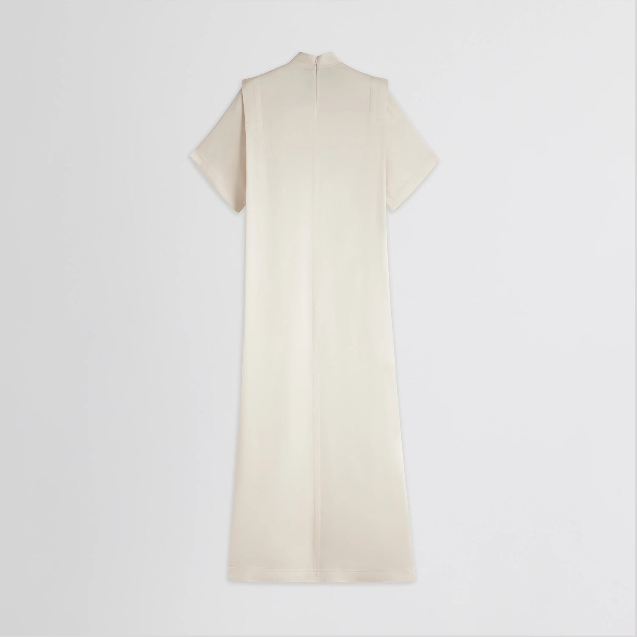 Flat back view of folded shoulder dress in vanilla satin back crepe