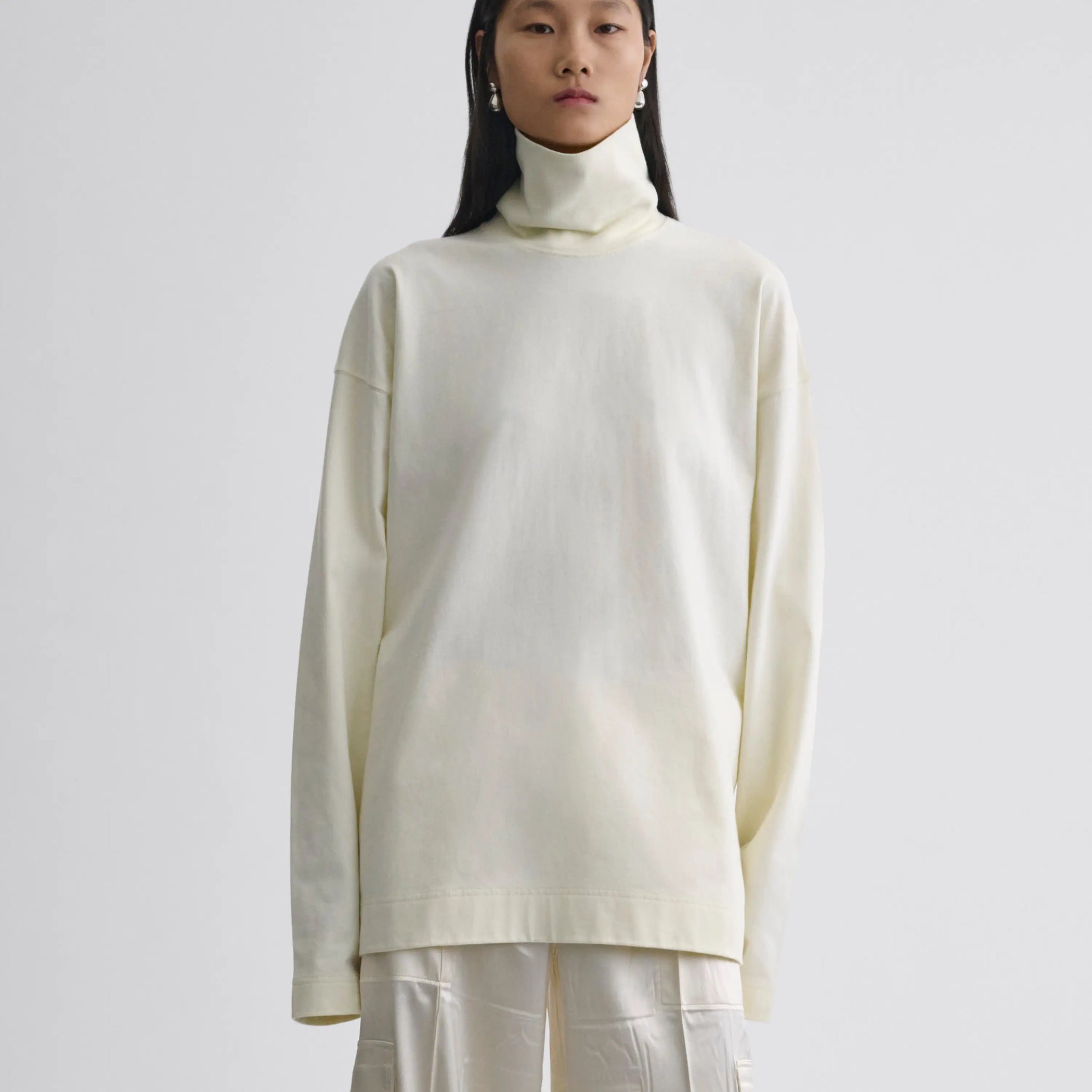 Front view of relaxed long sleeve jersey in cream cotton jersey
