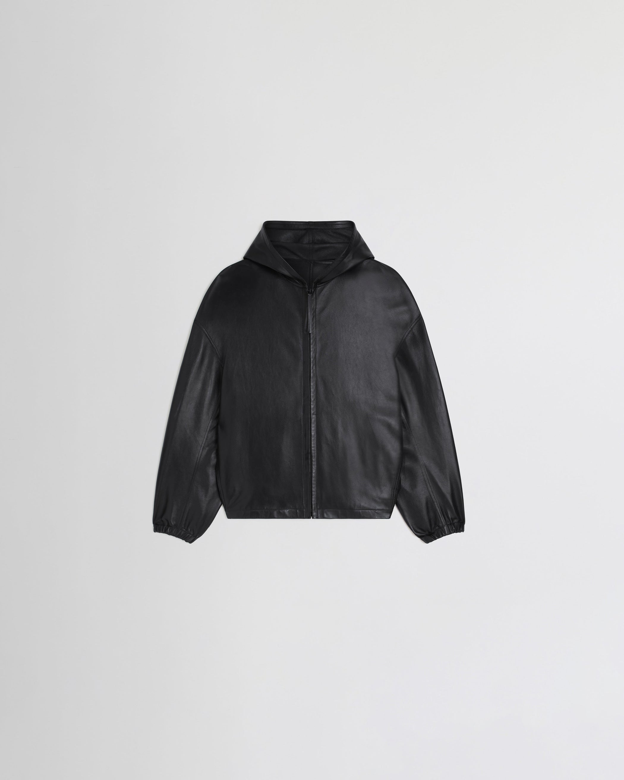 View of HOODED BOMBER in black leather