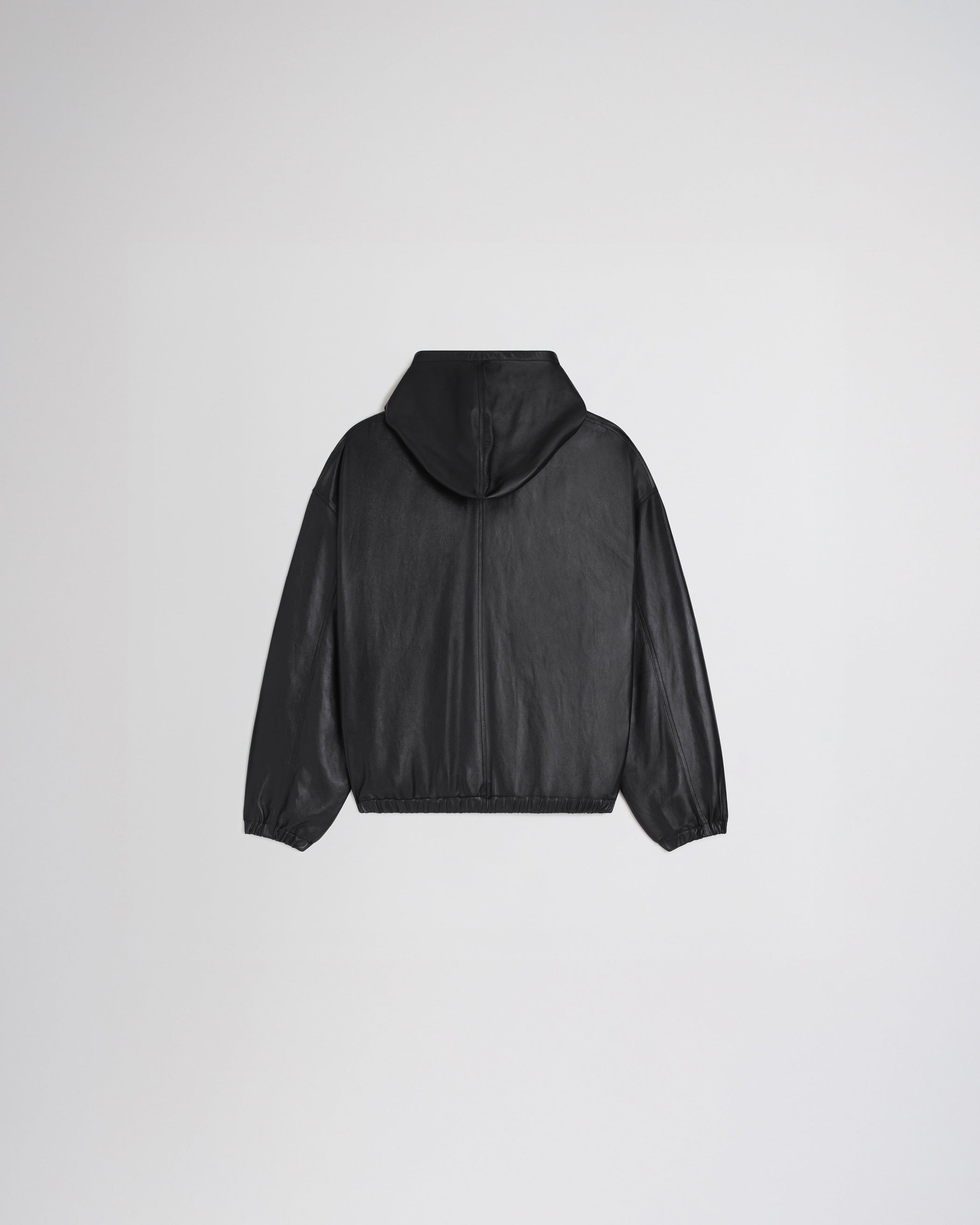 View of HOODED BOMBER in black leather