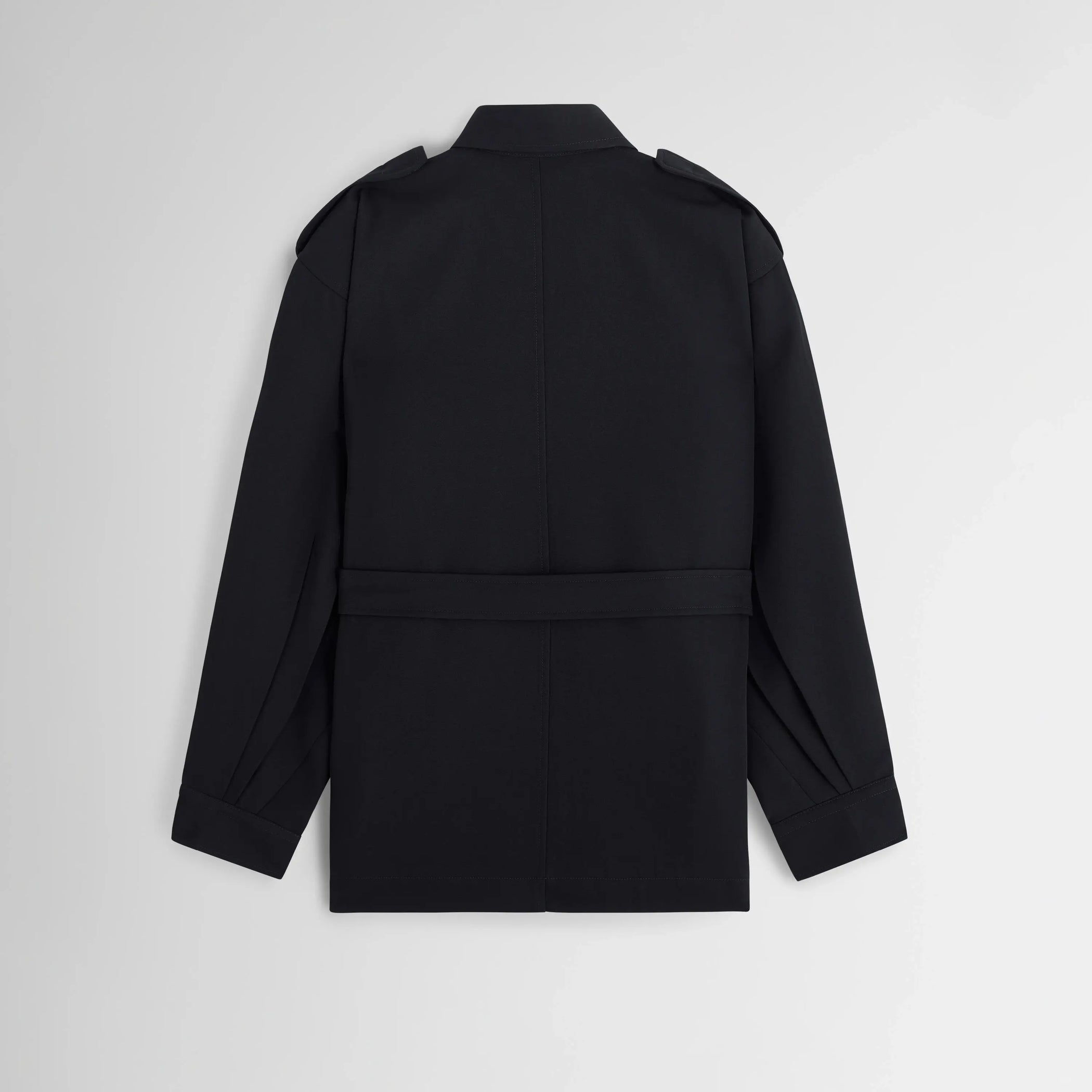 Flat back view of LIGHTWEIGHT SHIRT JACKET in black wool