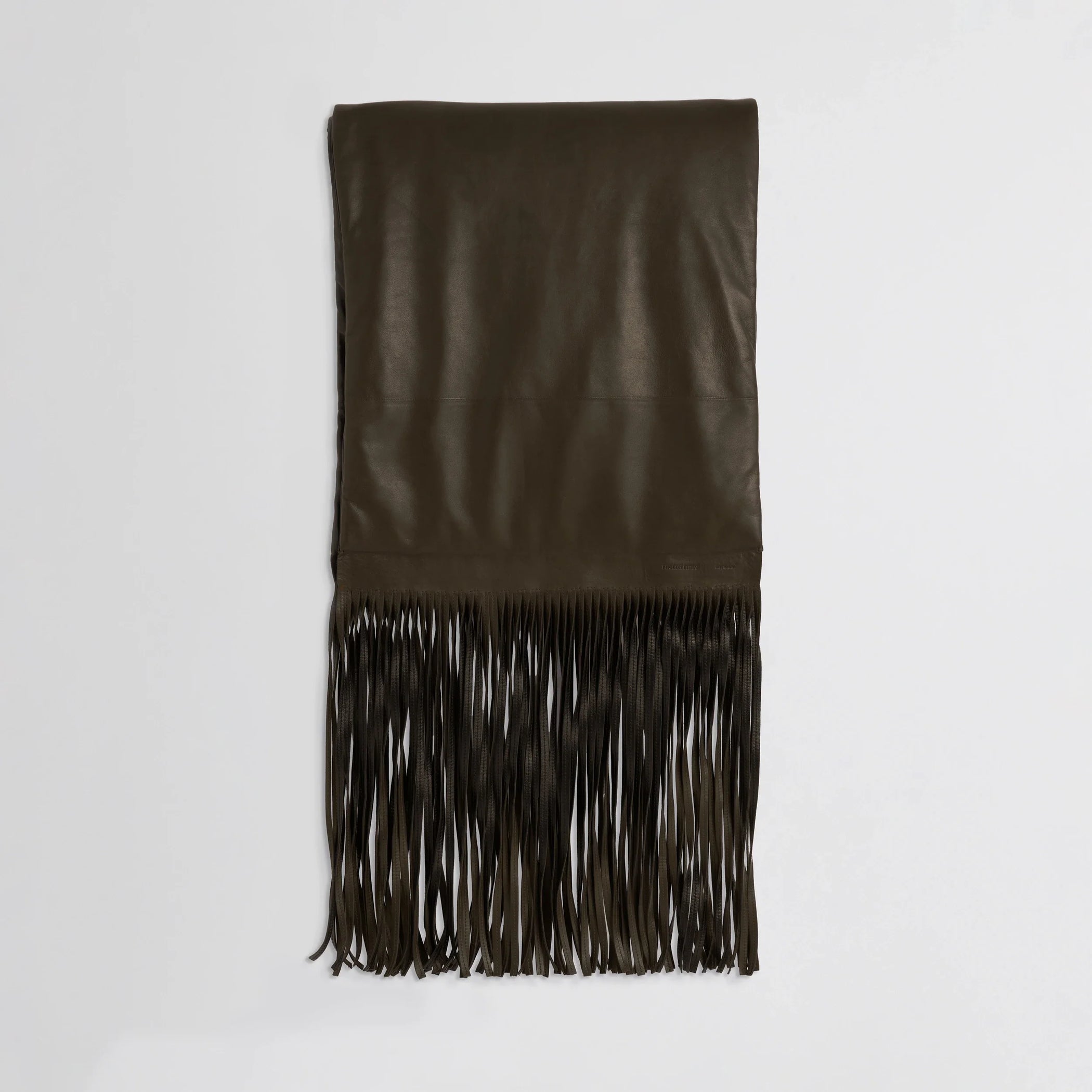 Flat front view of padded scarf in olive black leather.