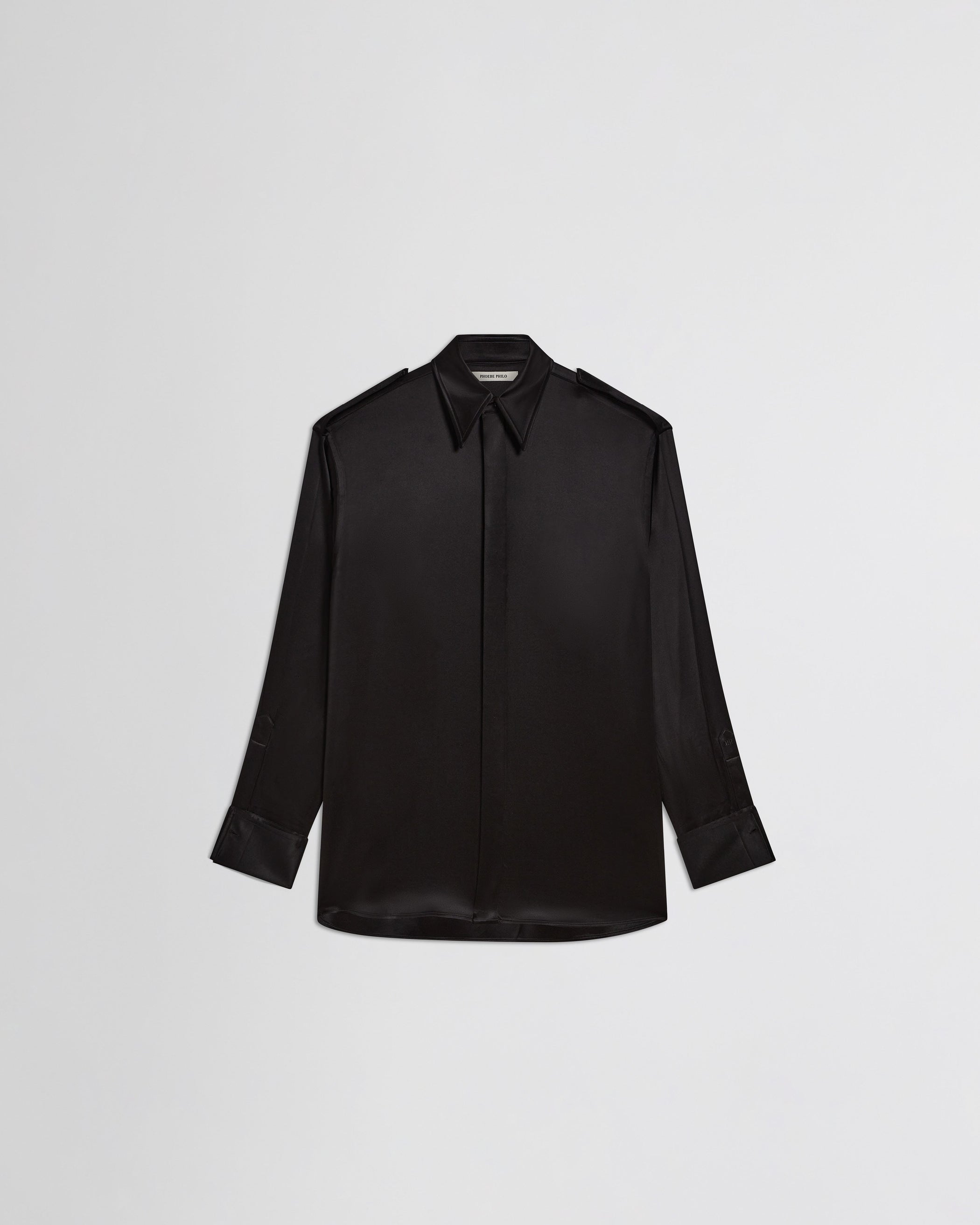 View of liquid utility shirt  in black silk satin