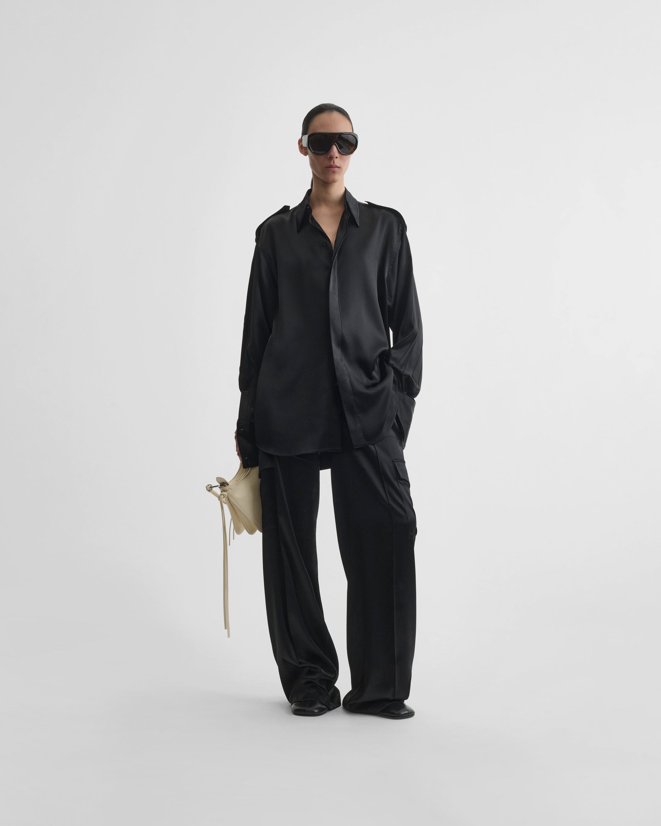 View of liquid utility shirt  in black silk satin