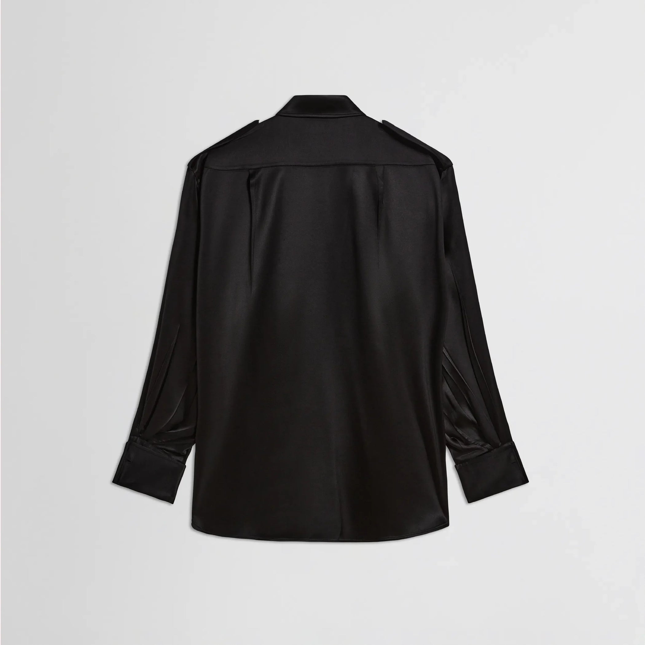 Back flat shot of liquid utility shirt in black silk satin