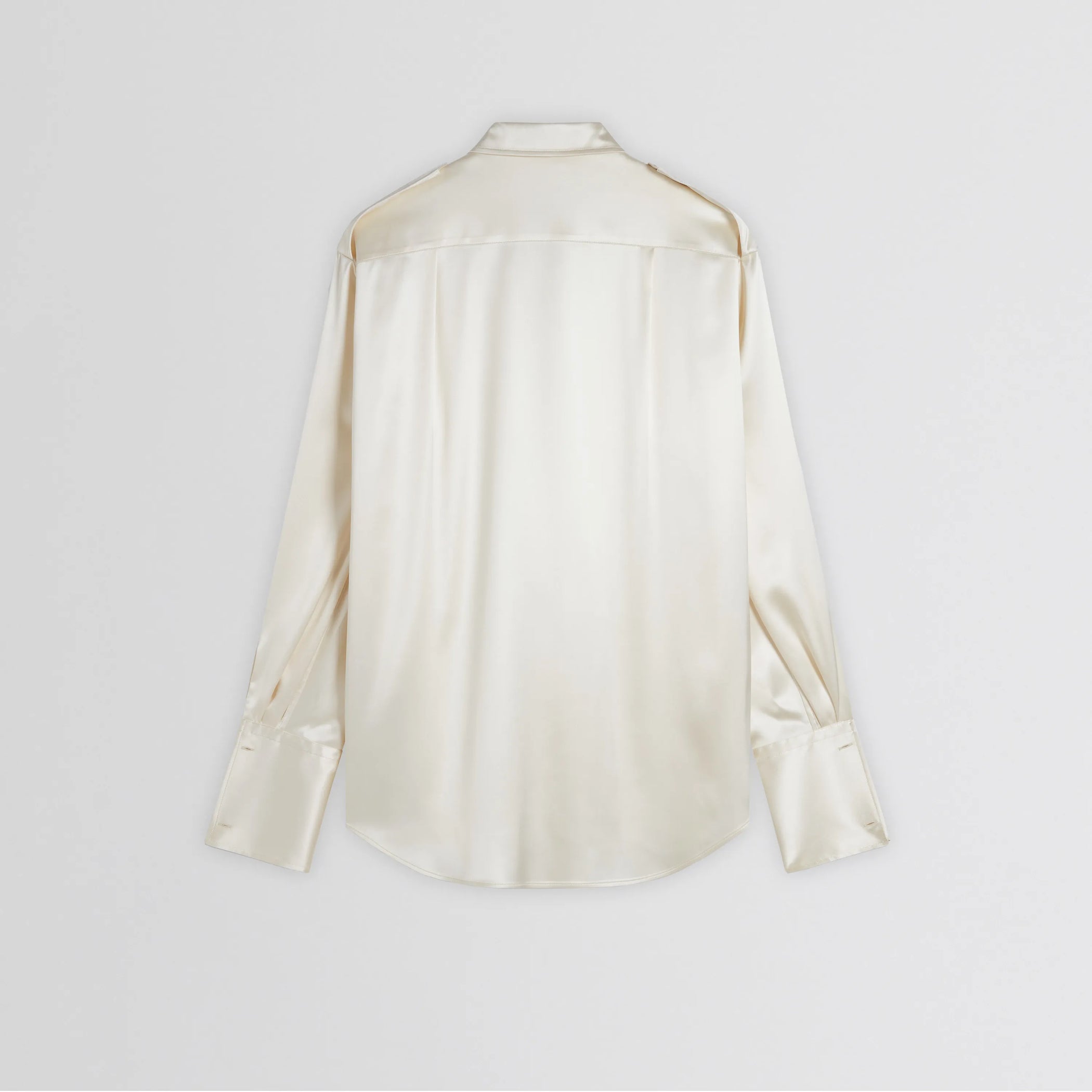 Flat back view of liquid utility shirt in cream silk