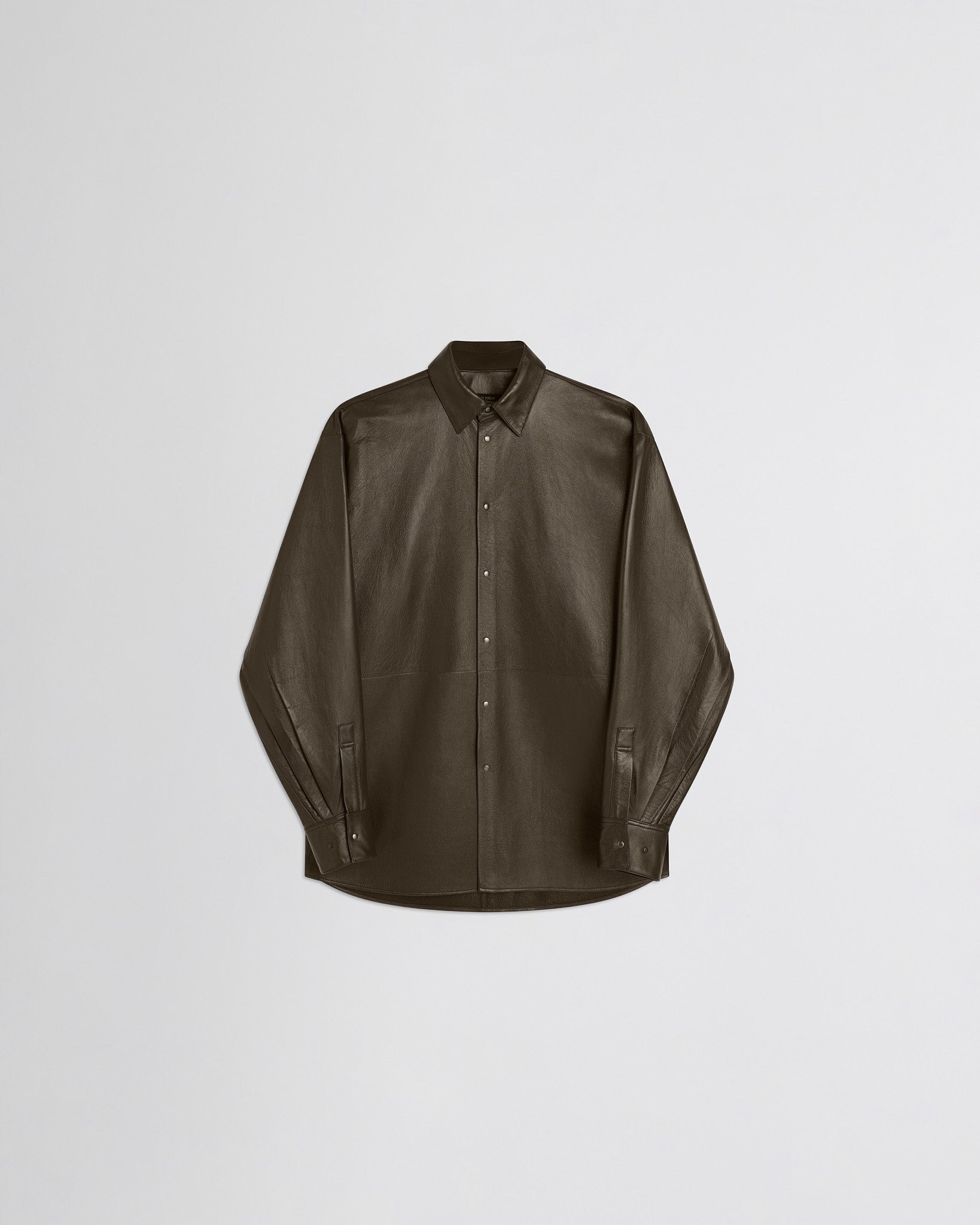 Flat front view of overshirt in green bronze leather