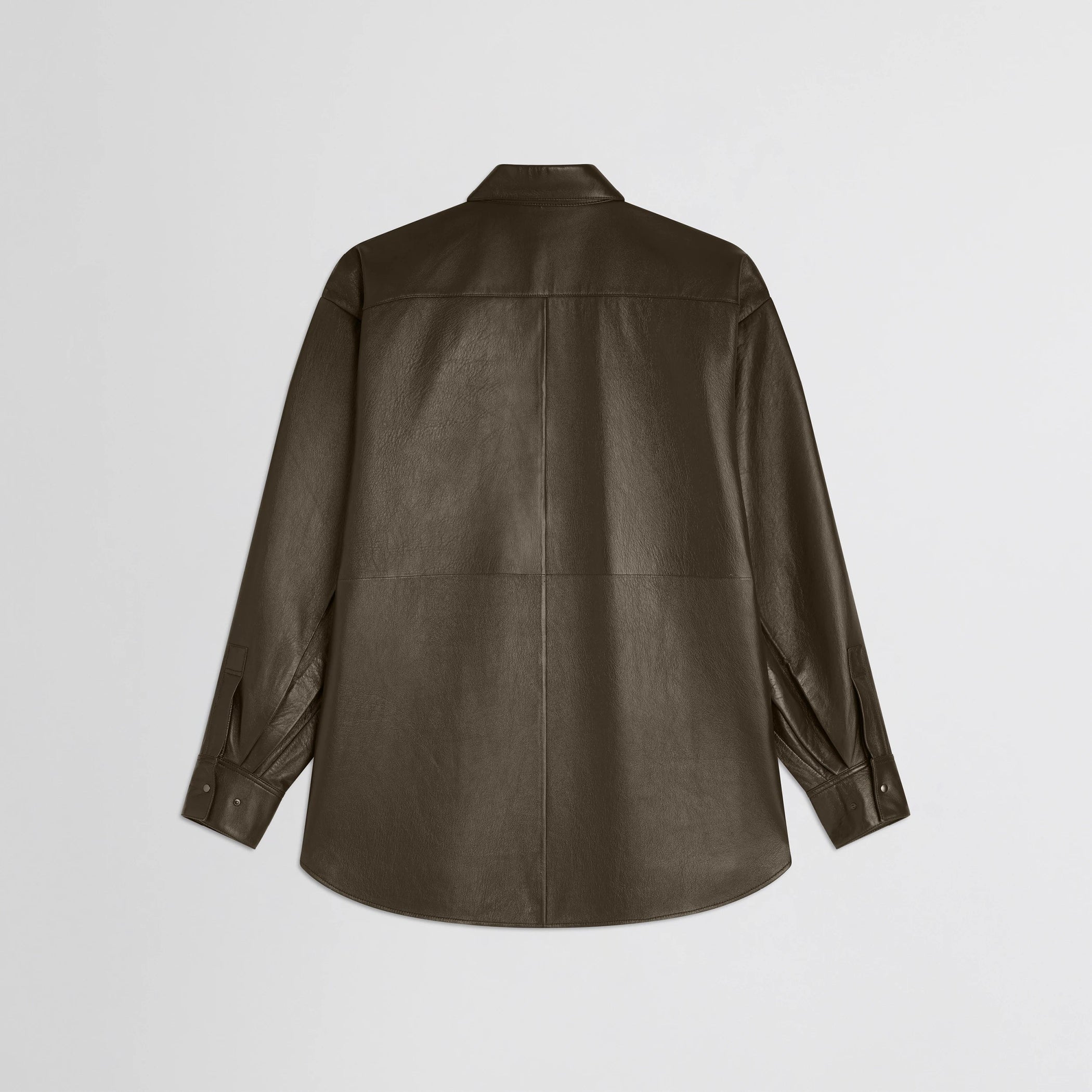 Flat back view of overshirt in green bronze leather.