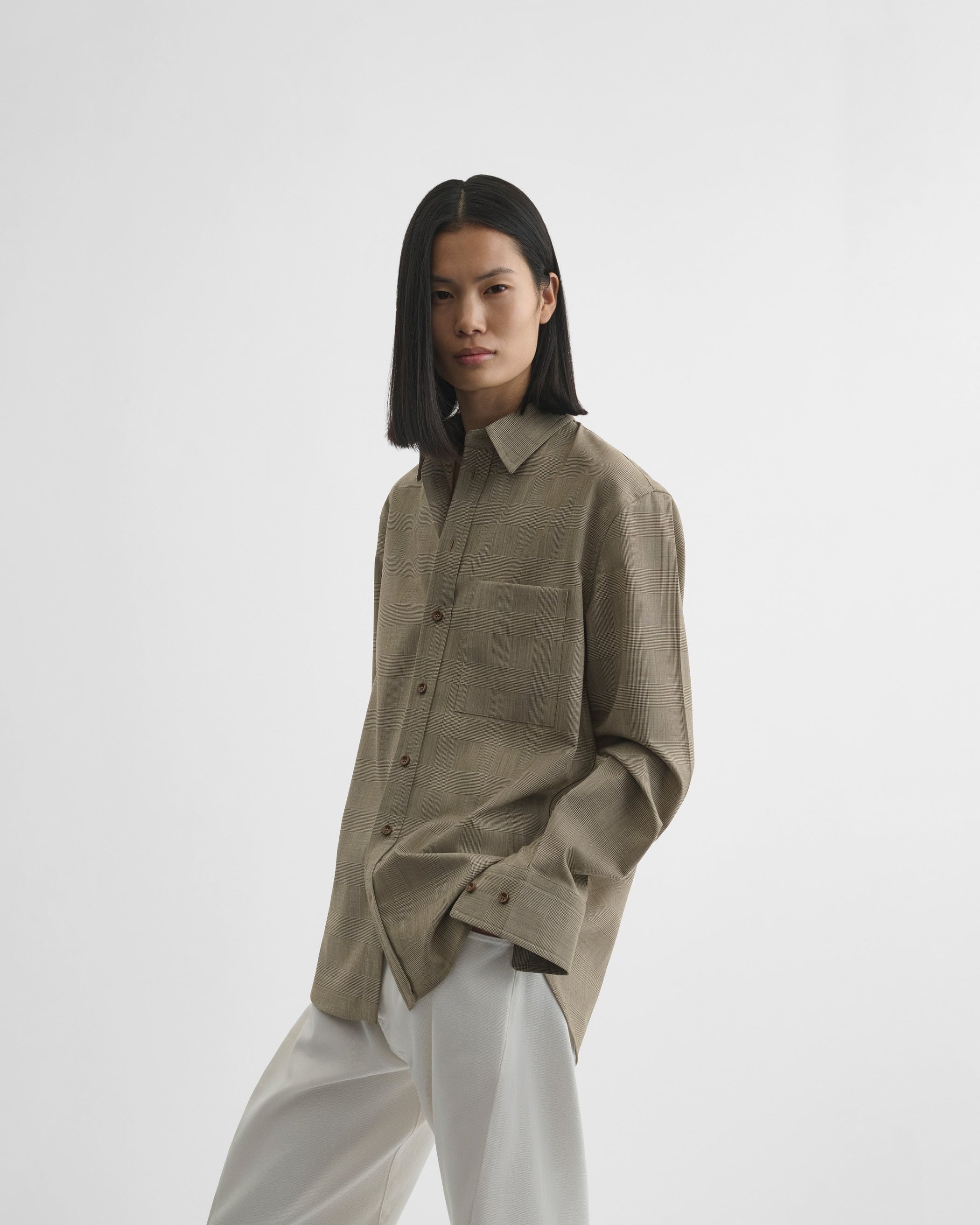 View of classic shirt in brown-beige wool