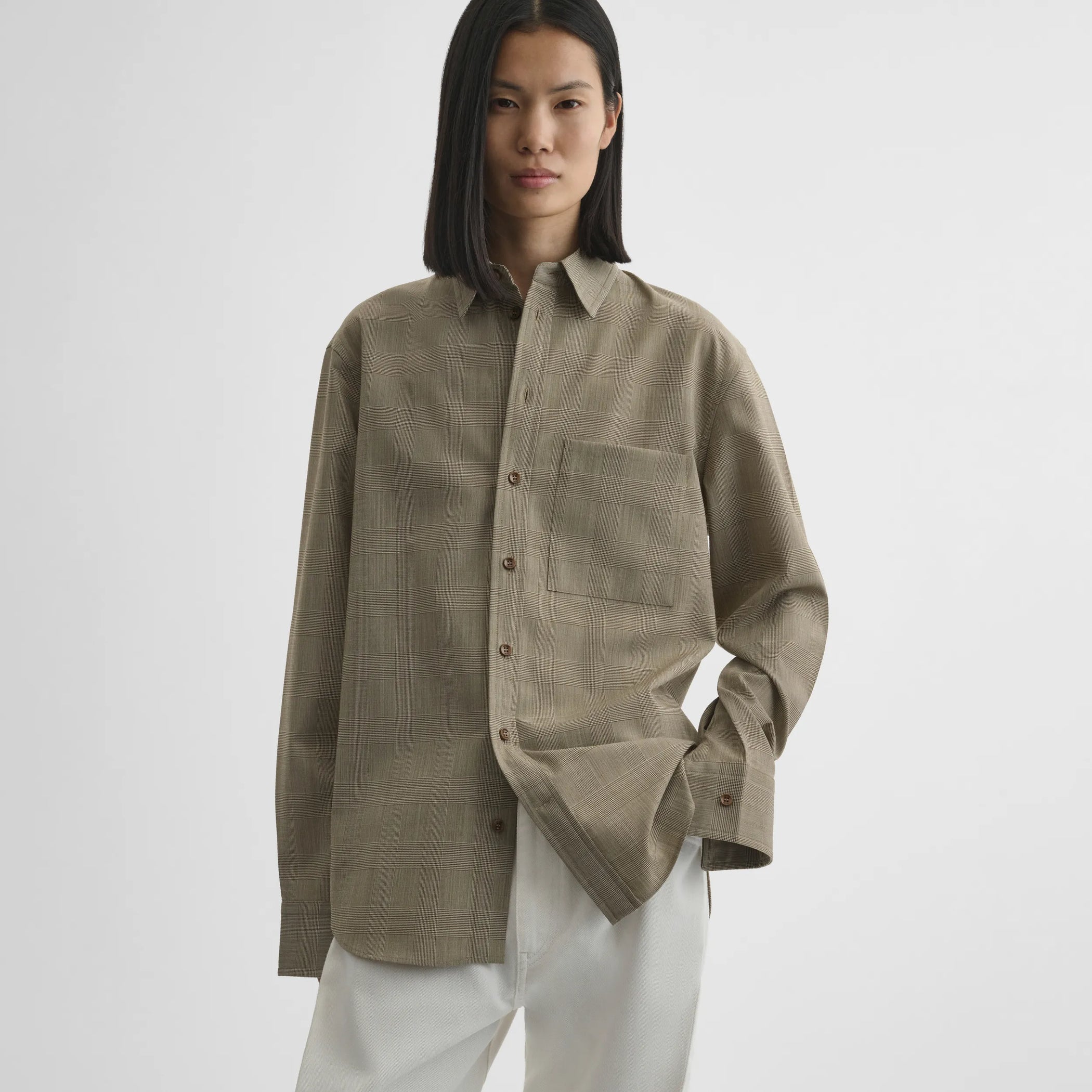Front view of classic shirt in brown-beige wool