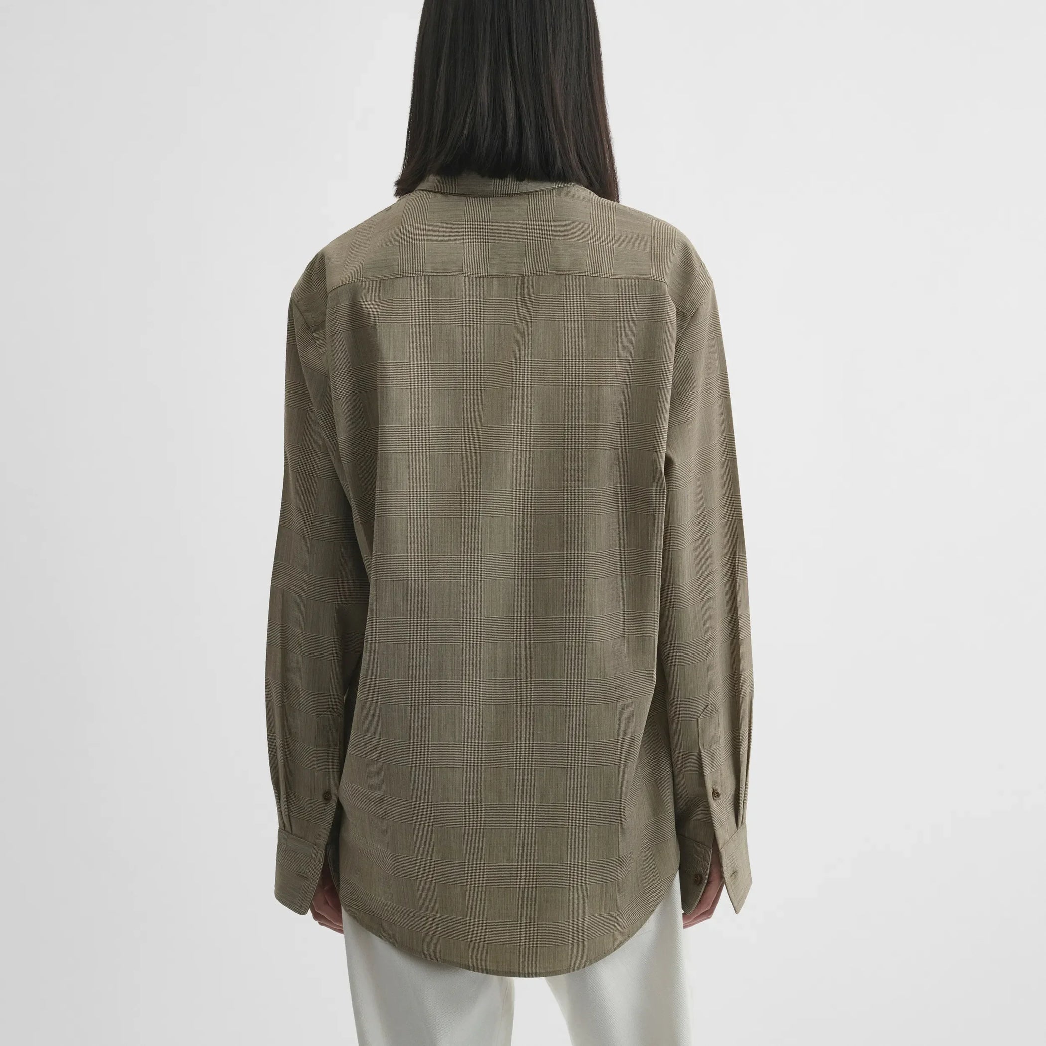 Back view of classic shirt in brown-beige wool